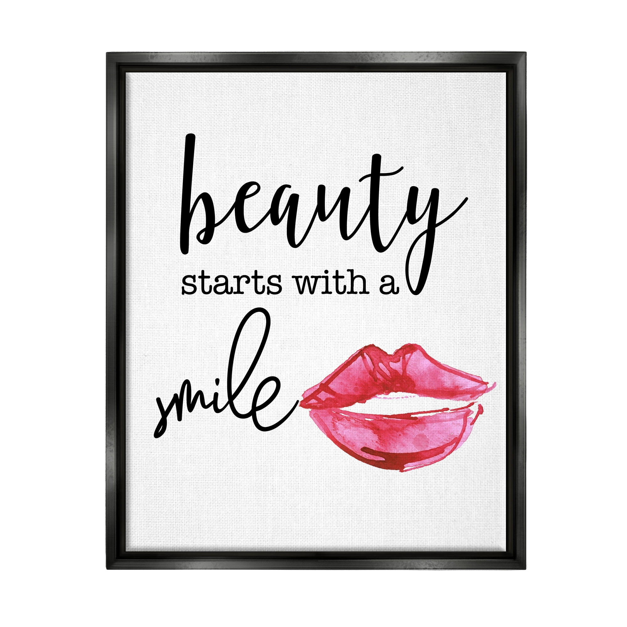 Stupell Industries Beauty Starts With Smiling Chic Lipstick Lips Design Graphic Art Jet Black Floating Framed Canvas Print Wall Art, Design by Daniela Santiago