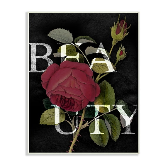 Stupell Industries Beauty Text over Vintage Red Thorned Rose Wall Plaque, 10 x 15, Design by Daphne Polselli