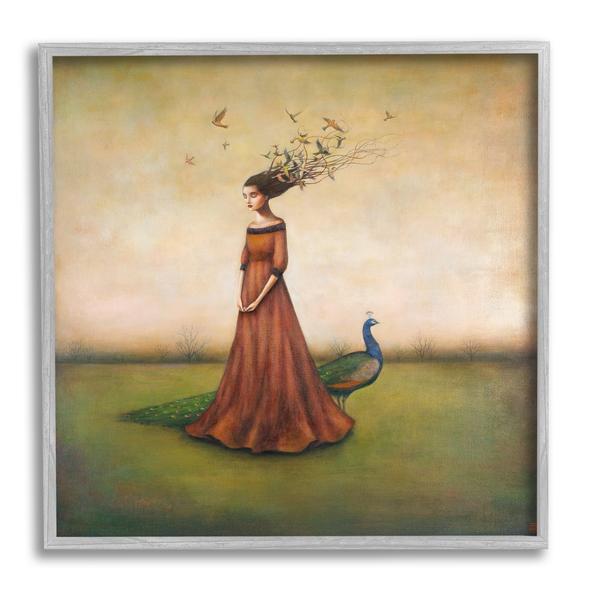 Gray Framed Abstract Woman with Birds and Peacock Art Print