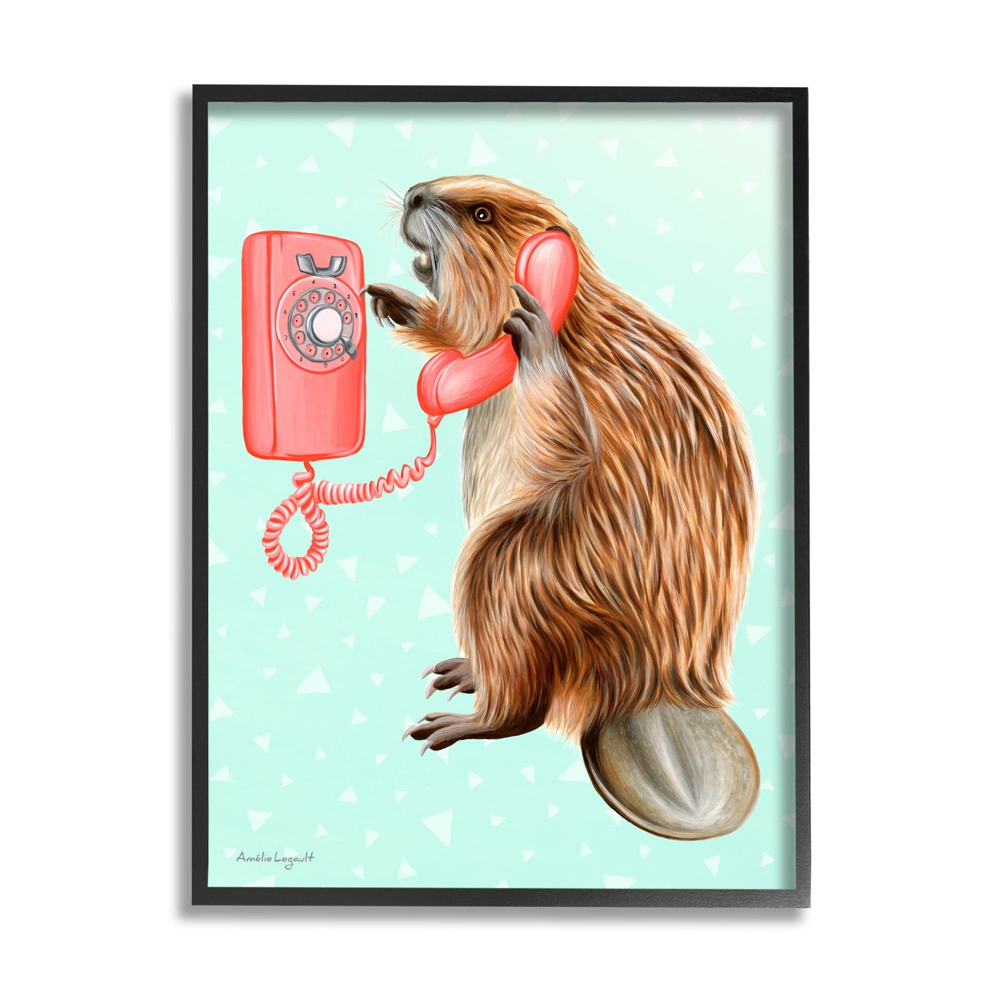 Stupell Industries Beaver Dialing Telephone Vintage Turquoise Shapes Design Graphic Art Black Framed Art Print Wall Art, Design by Amelie Legault