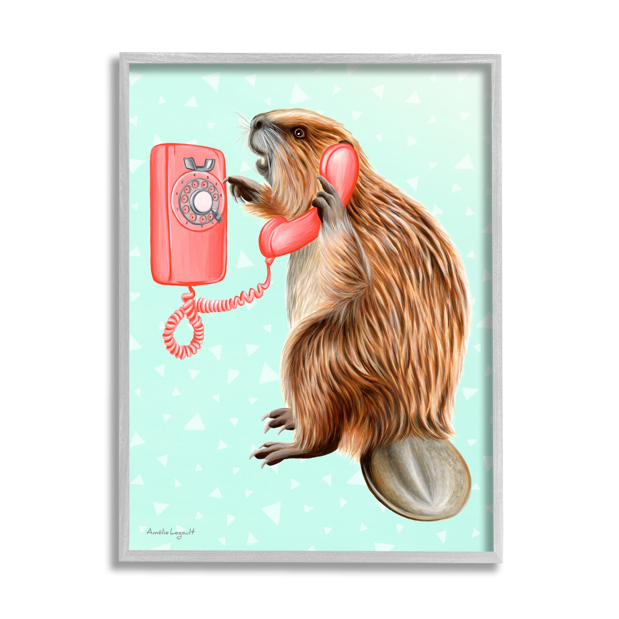 Stupell Industries Beaver Dialing Telephone Vintage Turquoise Shapes Design Graphic Art Gray Framed Art Print Wall Art, Design by Amelie Legault