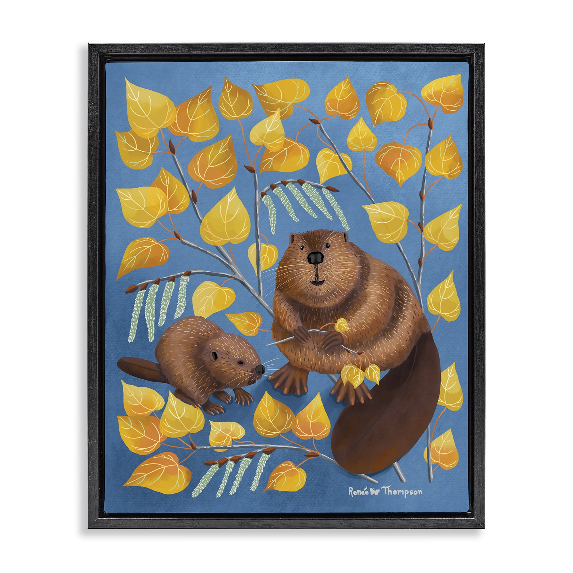 Stupell Industries Beaver & Quaking Aspen Animals Painting Black Floater Framed Canvas Art Print Wall Art, 17 x 21
