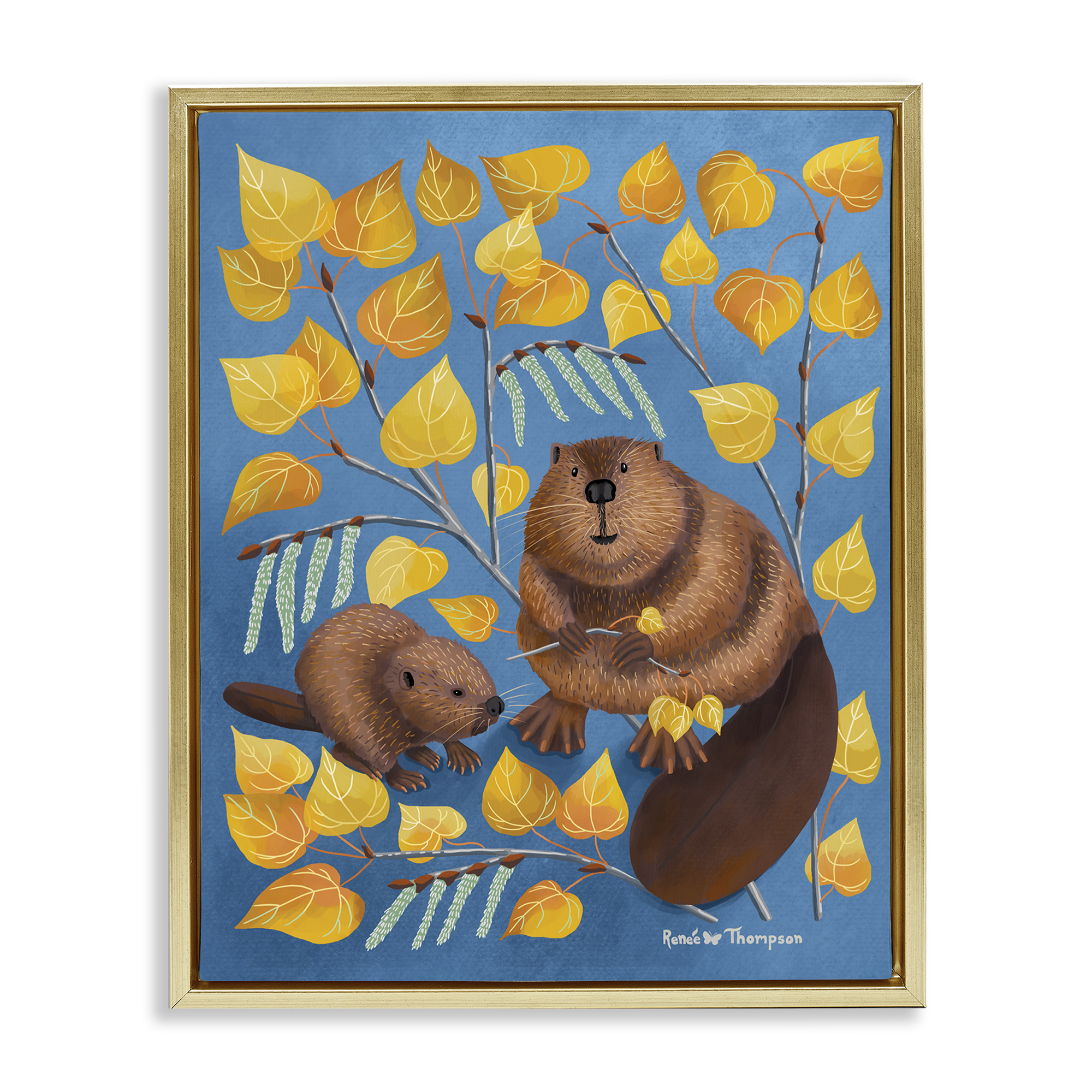 Stupell Industries Beaver & Quaking Aspen Animals Painting Gold Floater Framed Canvas Art Print Wall Art, 17 x 21