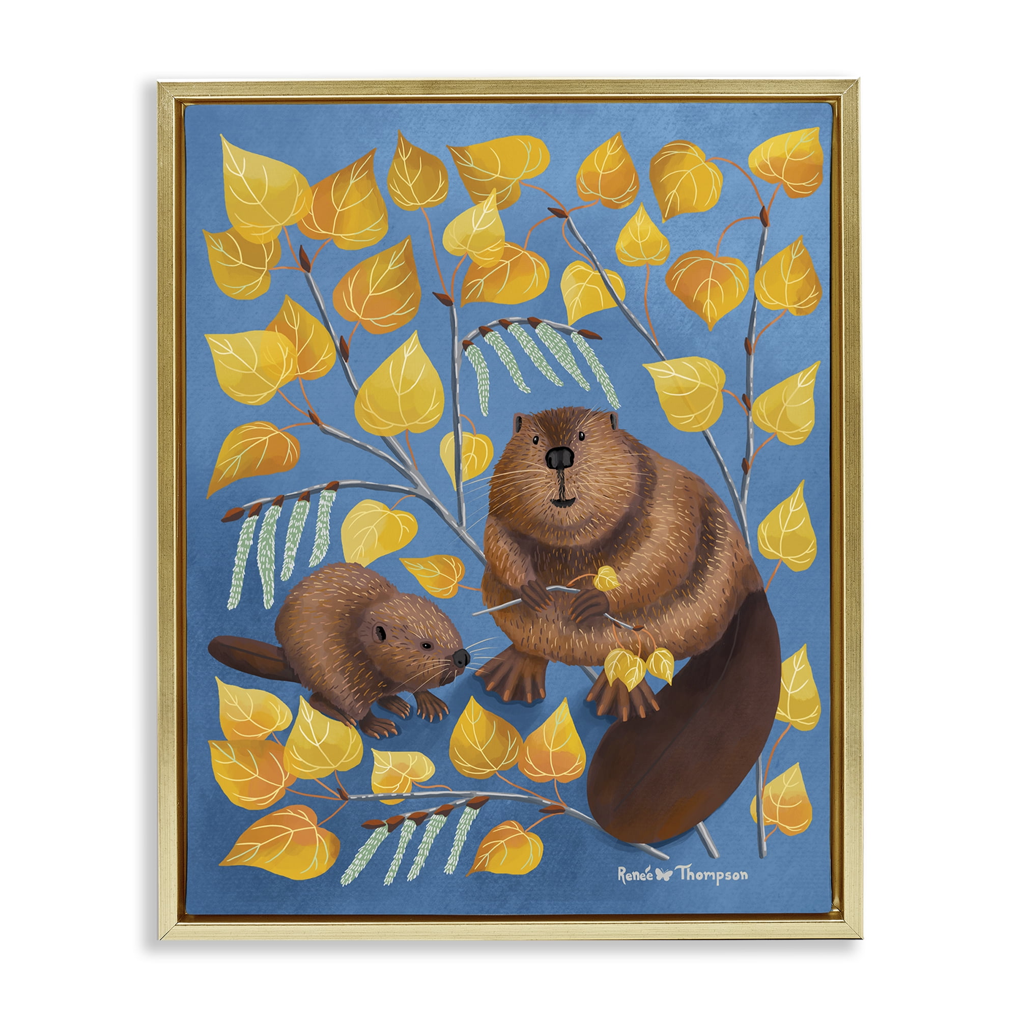 Stupell Industries Beaver & Quaking Aspen Animals Painting Gold Floater Framed Canvas Art Print Wall Art, 25 x 31