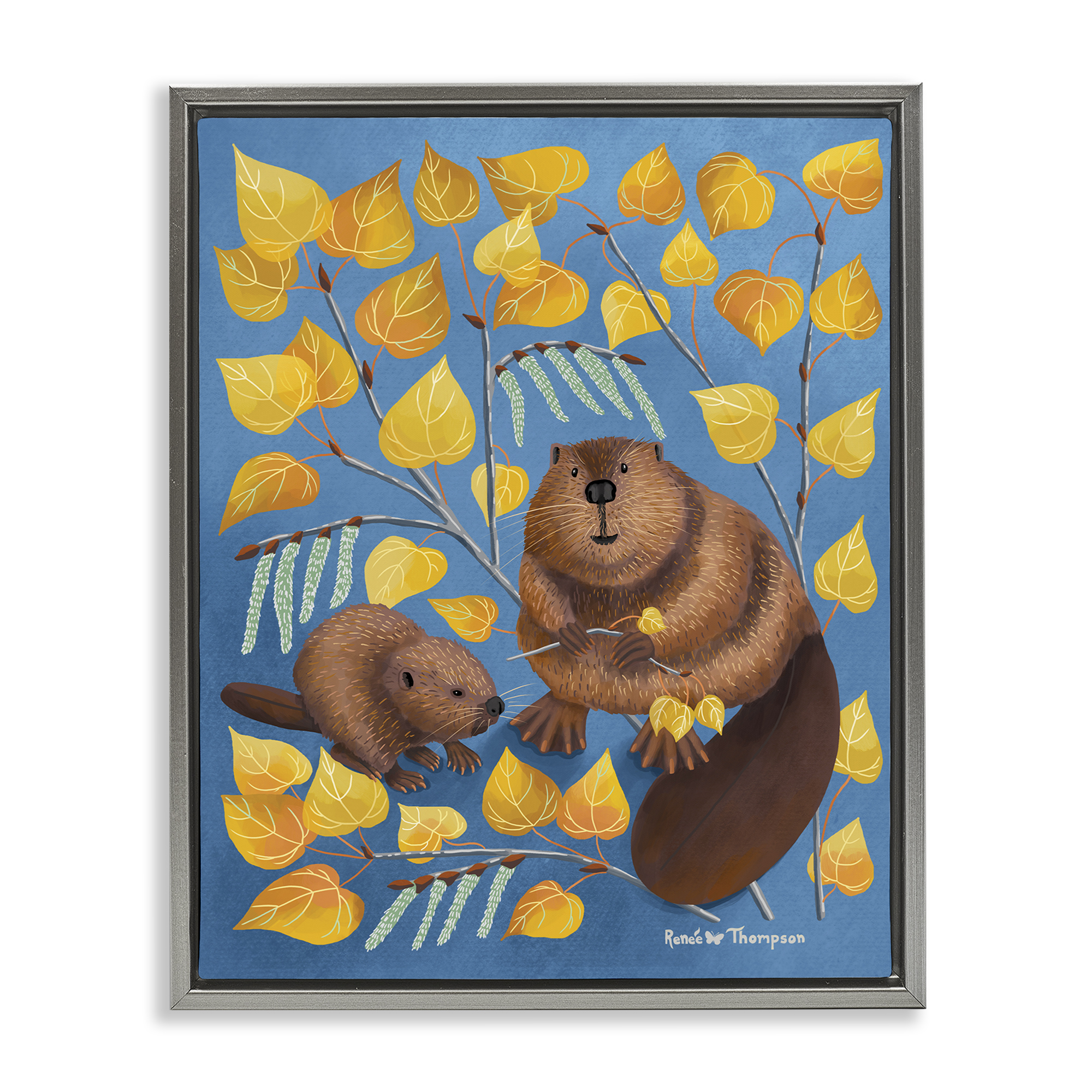 Stupell Industries Beaver & Quaking Aspen Animals Painting Gray Floater Framed Canvas Art Print Wall Art, 17 x 21