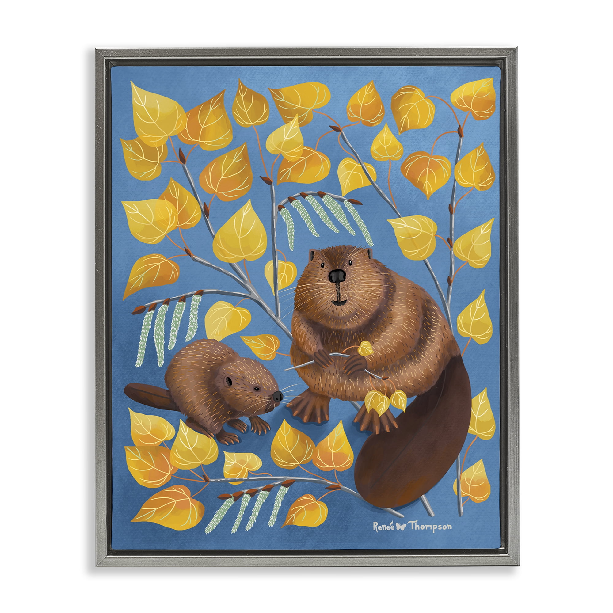 Stupell Industries Beaver & Quaking Aspen Animals Painting Gray Floater Framed Canvas Art Print Wall Art, 25 x 31