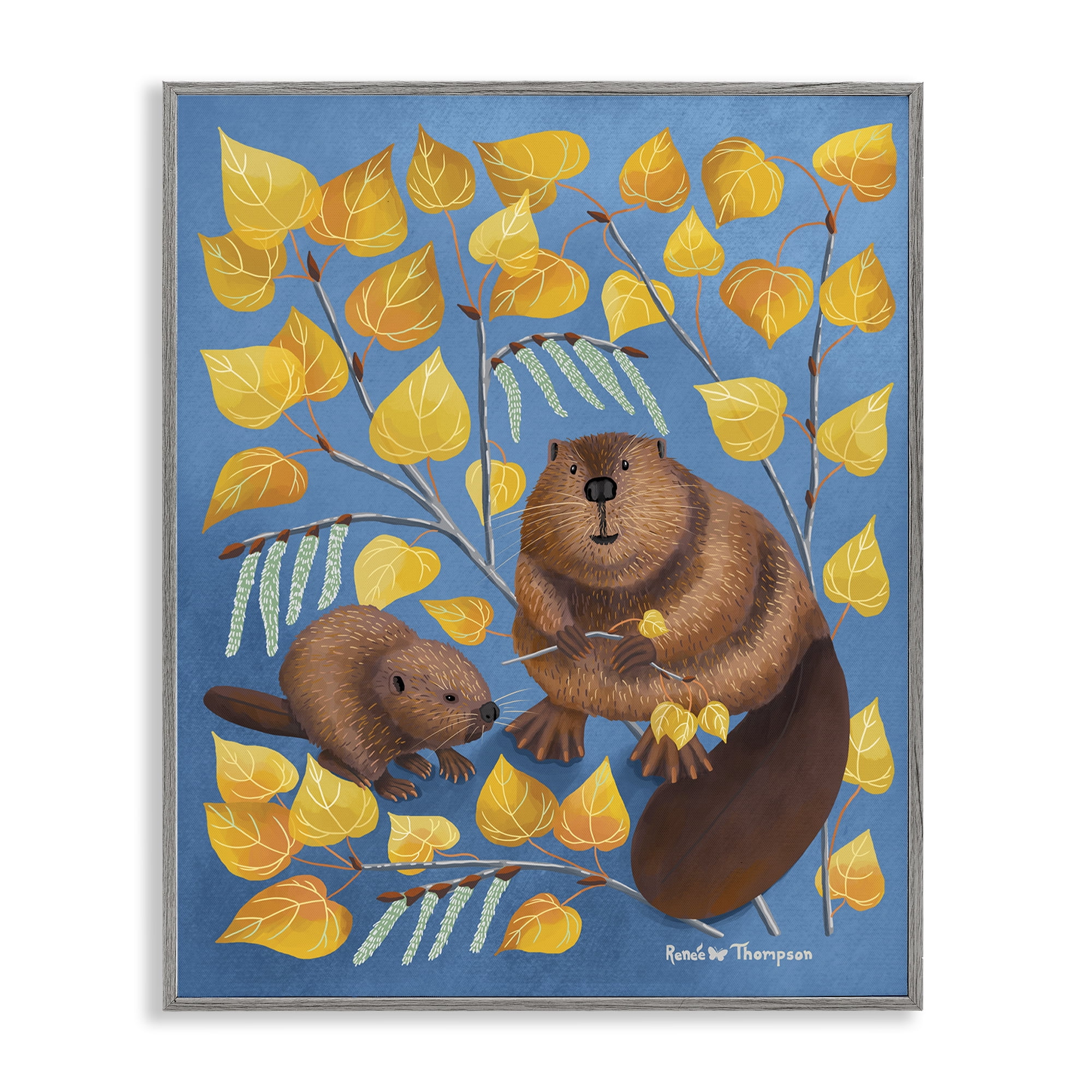 Stupell Industries Beaver & Quaking Aspen Animals Painting Gray Framed Art Print Wall Art, 16 x 20