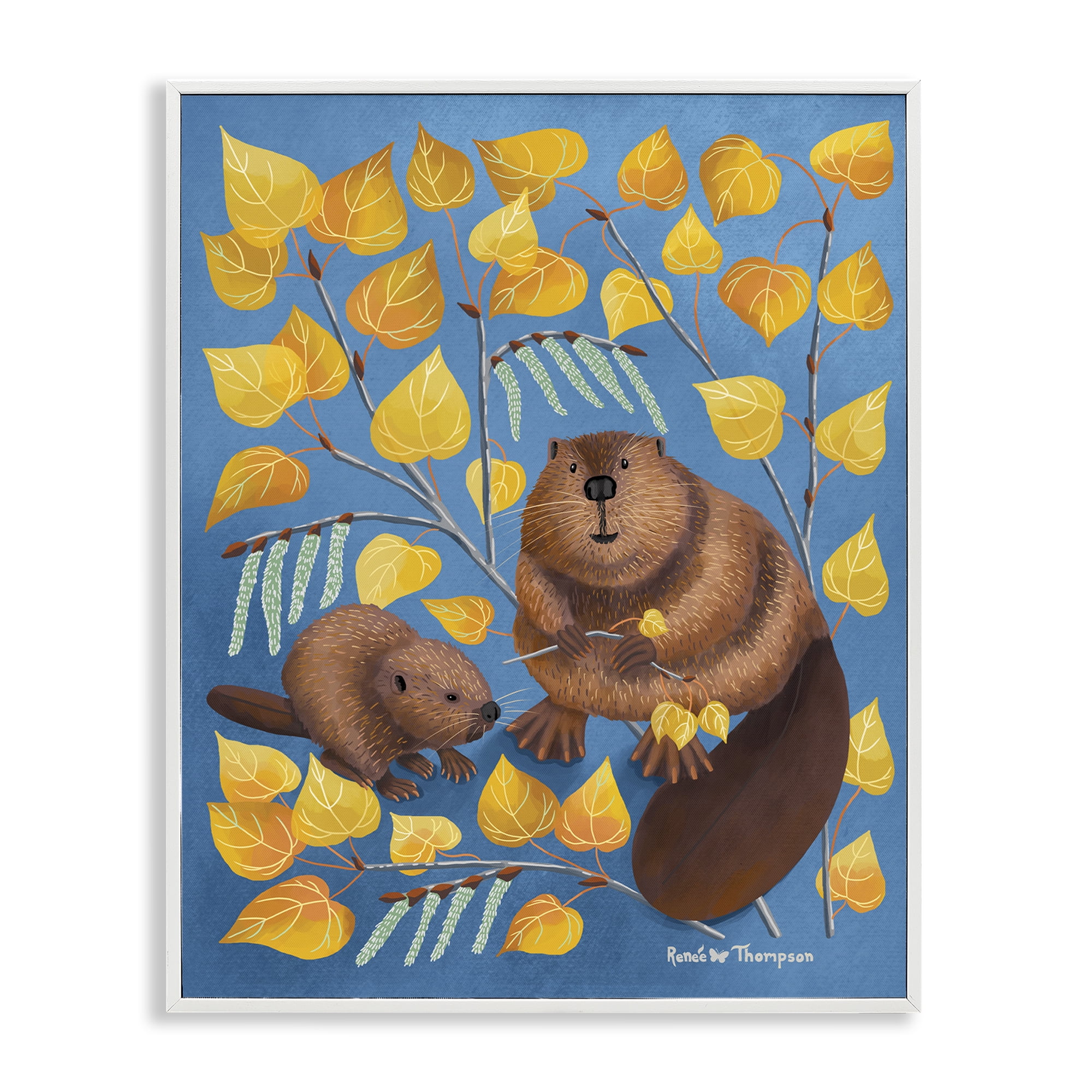 Stupell Industries Beaver & Quaking Aspen Animals Painting White Framed Art Print Wall Art, 16 x 20