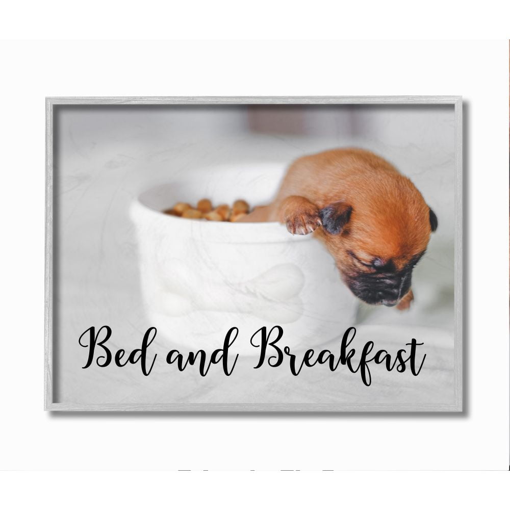 Stupell Industries Bed and Breakfast Phrase Puppy in Bowl House Dog Framed Wall Art Design by Ziwei Li, 11" x 14", Gray Framed