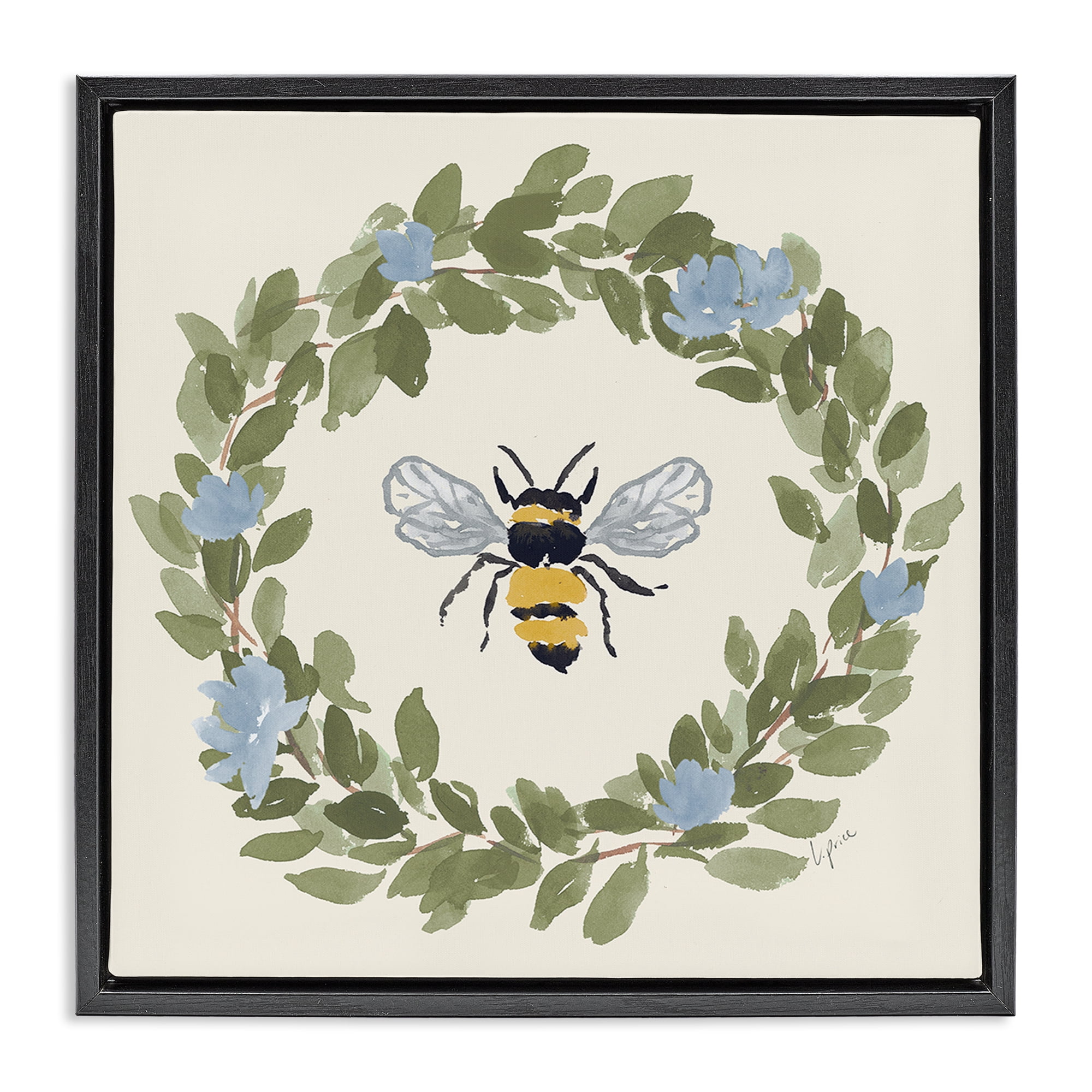 Stupell Industries Bee Celebration Wreath Black Framed Floater Canvas Wall Art, design by Lucille Price