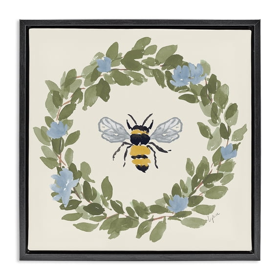 Stupell Industries Cottage Bee Celebration Wreath Black Floating Frame Canvas Art, 18 x 18, by Lucille Price