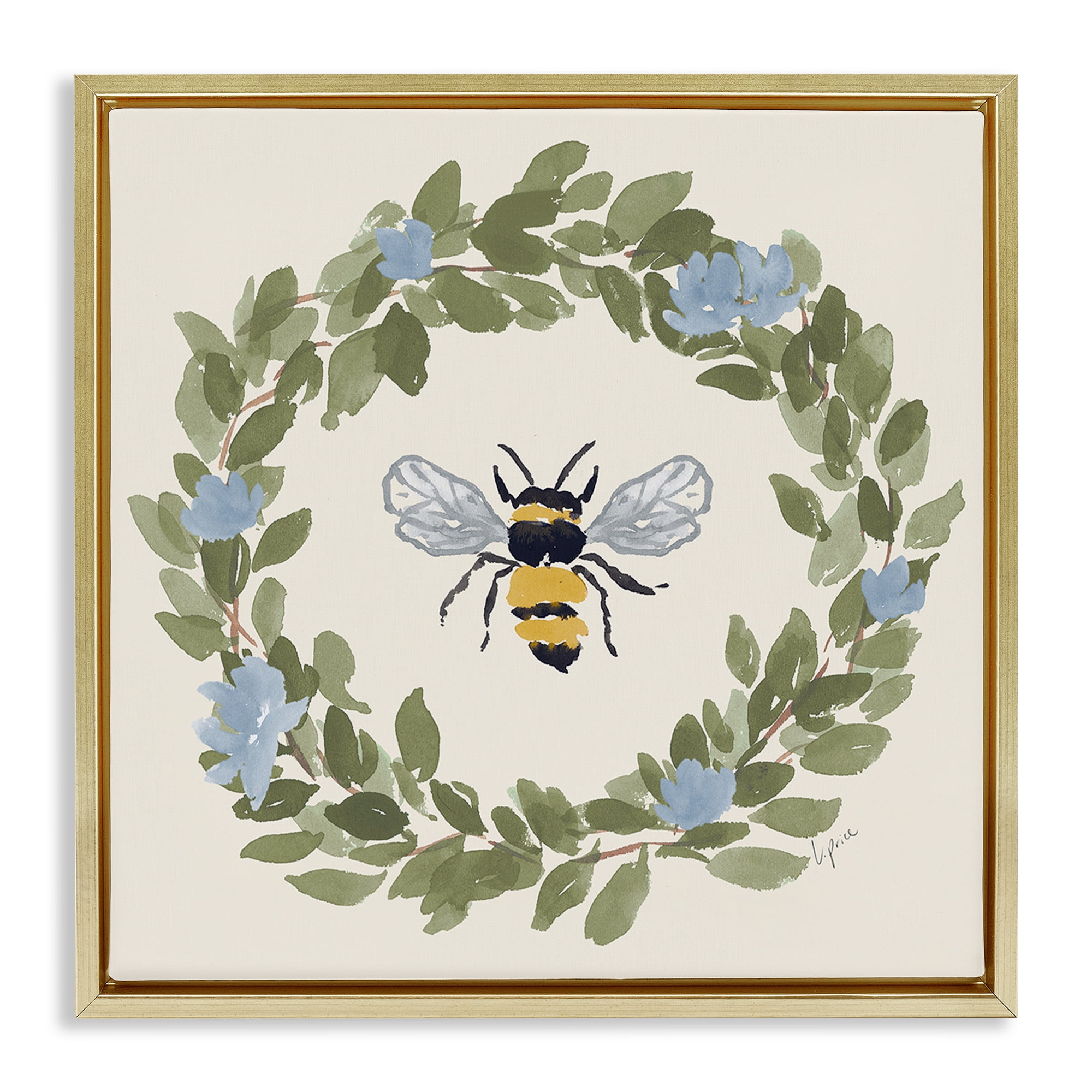 Stupell Industries Bee Celebration Wreath Gold Framed Floater Canvas Wall Art, design by Lucille Price