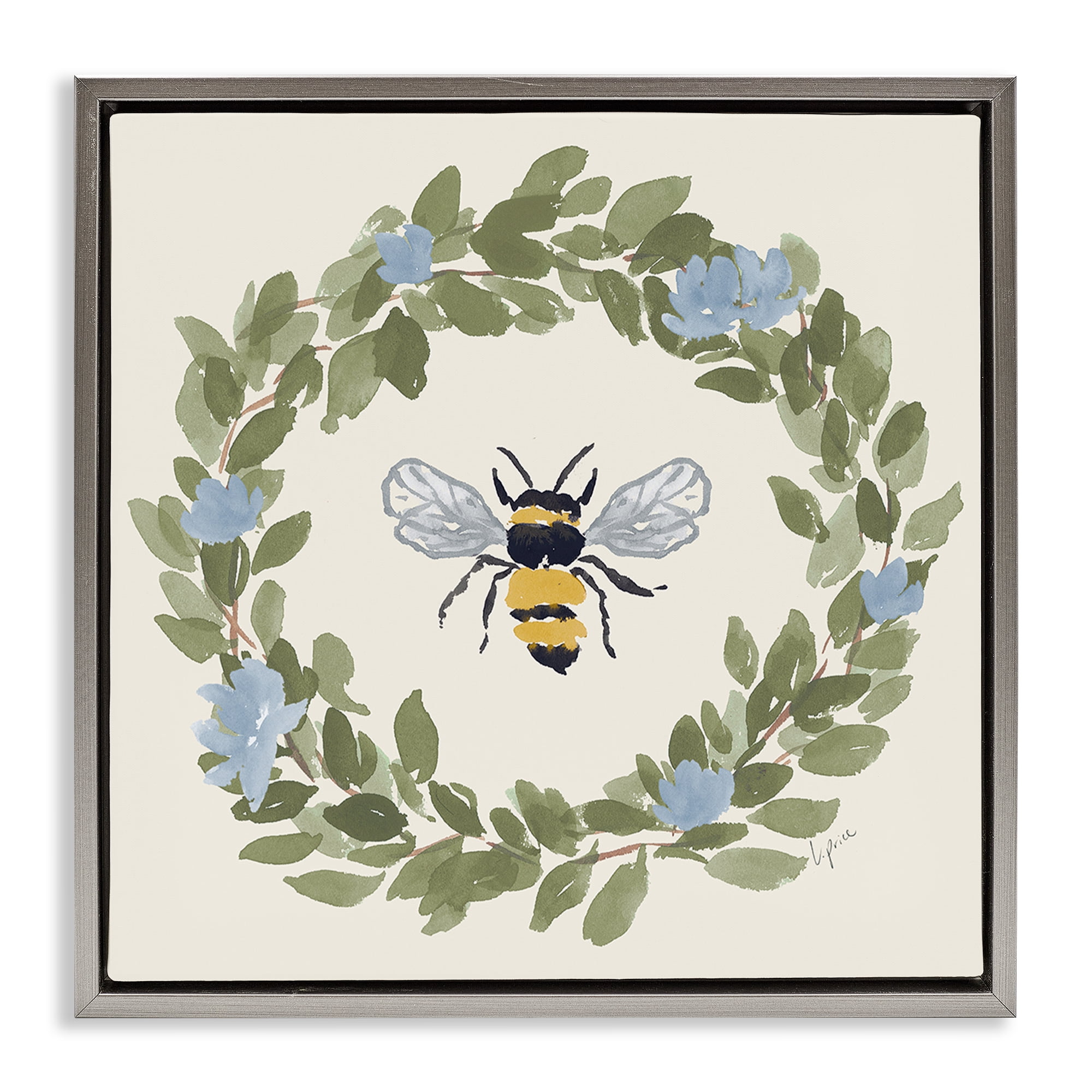 Stupell Industries Bee Celebration Wreath Gray Framed Floater Canvas Wall Art, design by Lucille Price