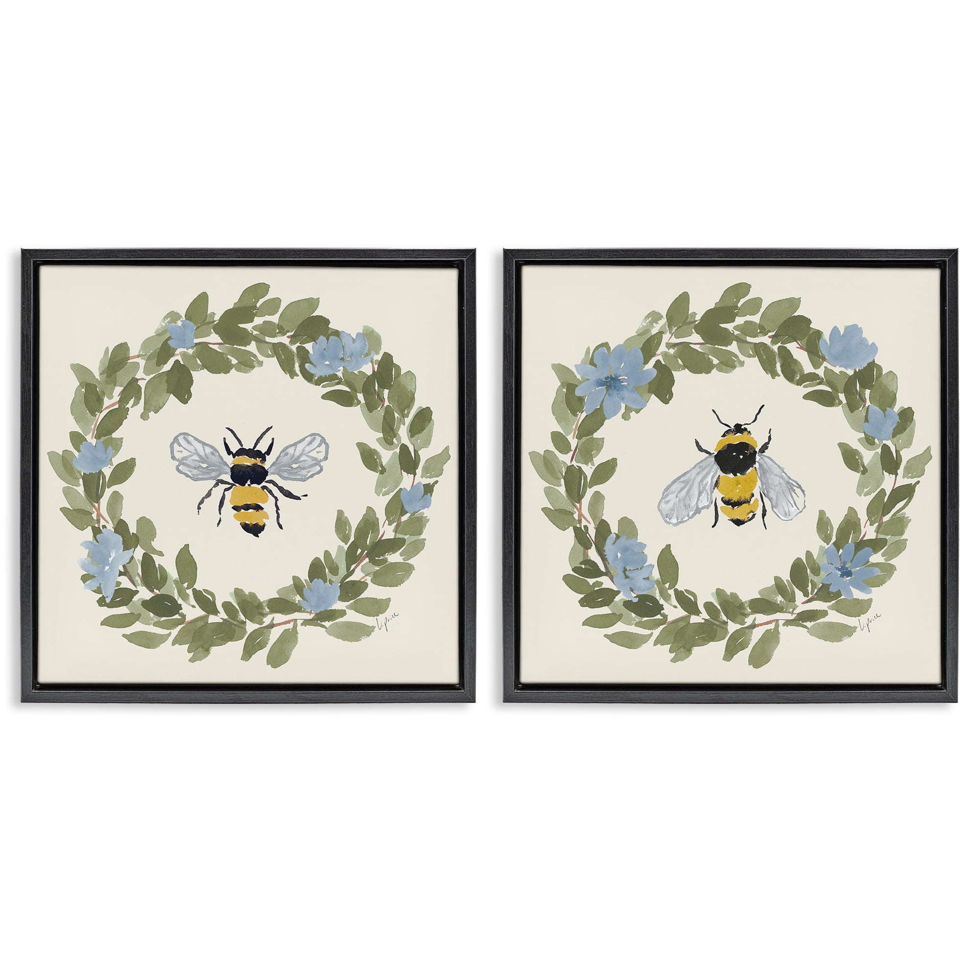 Stupell Industries Bee Floral Celebrations 2 Piece Black Framed Floater Canvas Set, design by Lucille Price