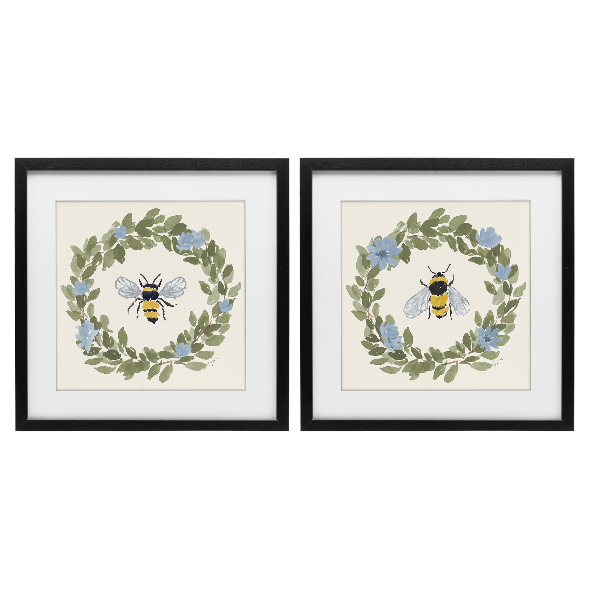 Stupell Industries Bee Floral Celebrations 2 Piece Black Framed Print Under Glass Set, design by Lucille Price