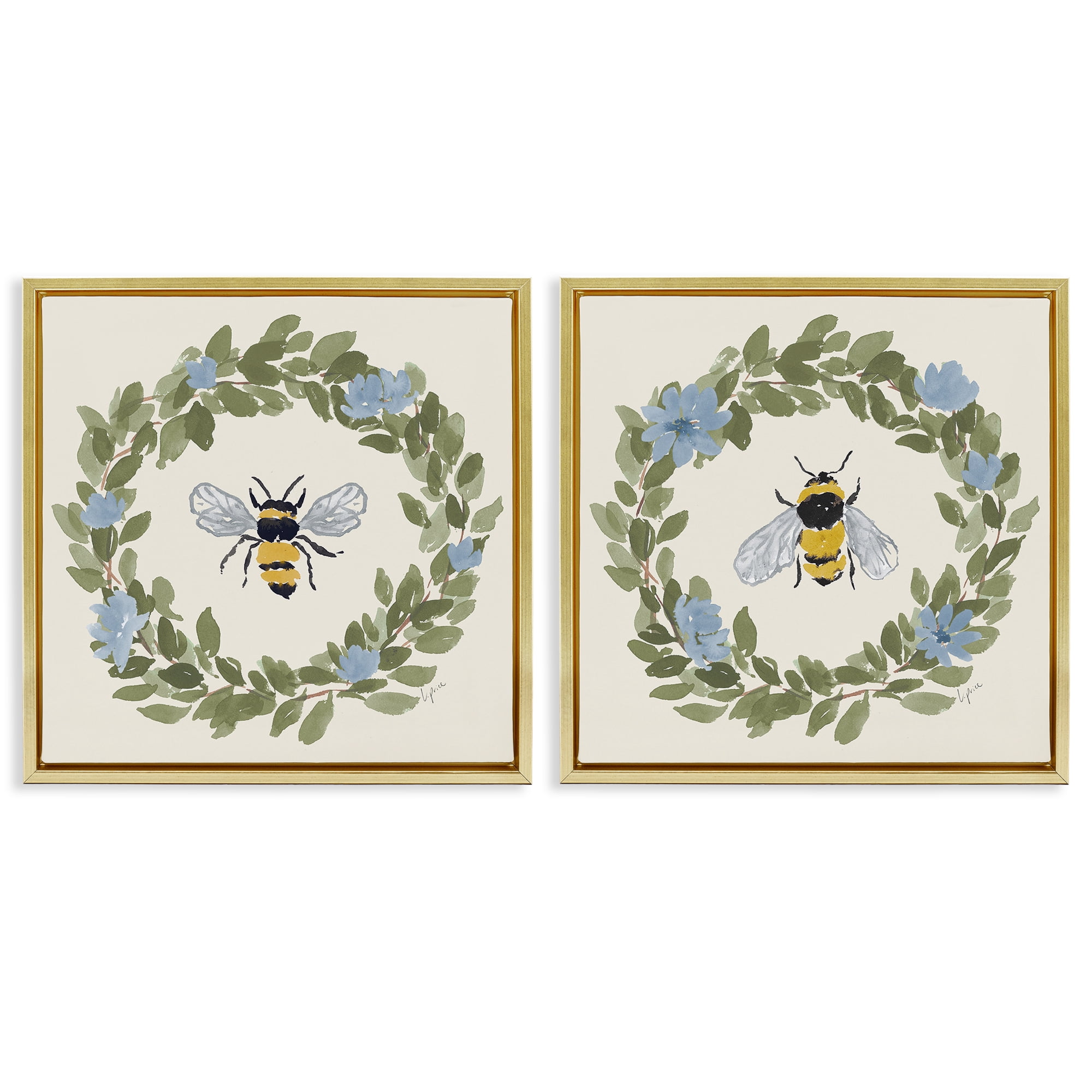 Stupell Industries Bee Floral Celebrations 2 Piece Gold Framed Floater Canvas Set, design by Lucille Price