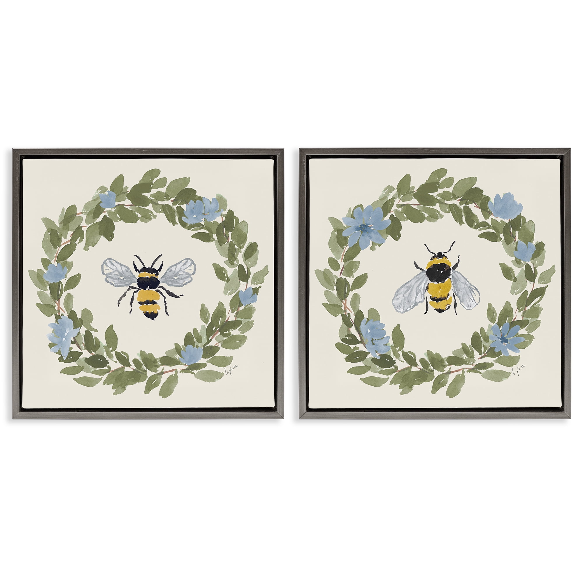 Stupell Industries Bee Floral Celebrations 2 Piece Gray Framed Floater Canvas Set, design by Lucille Price