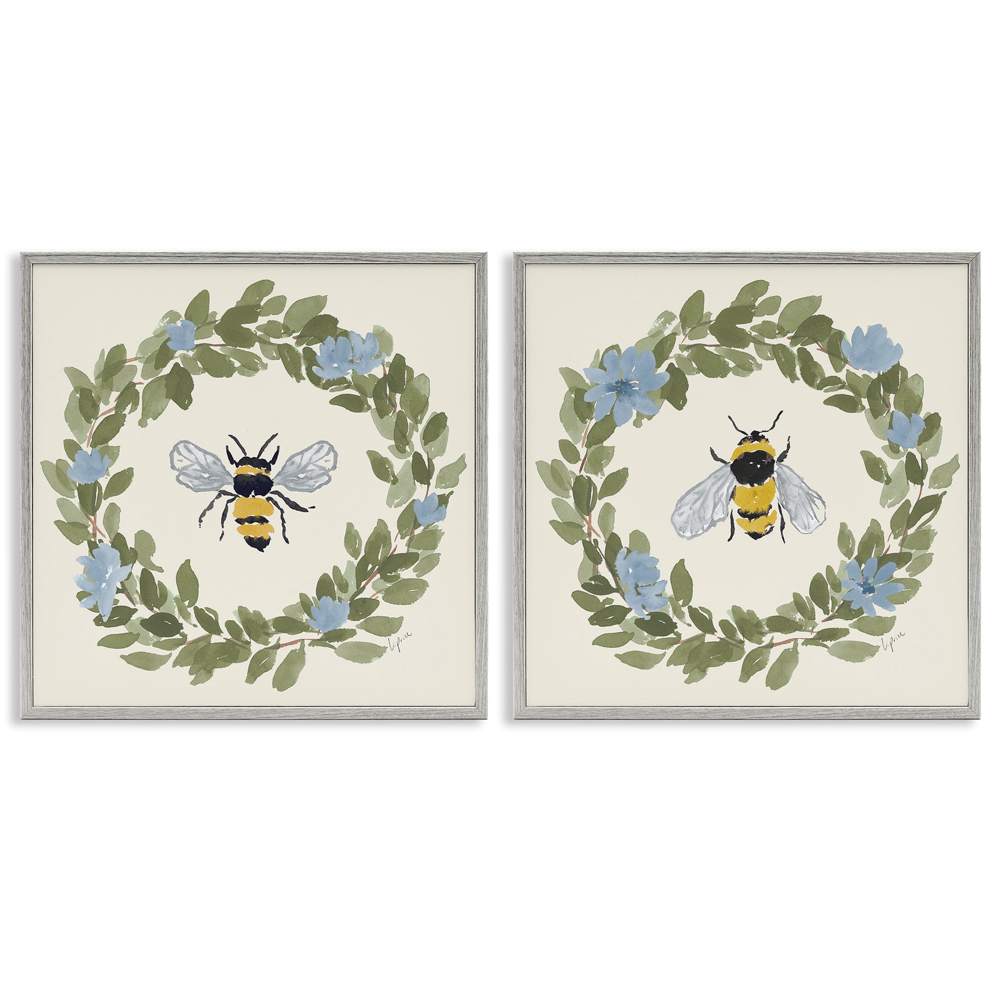 Stupell Industries Bee Floral Celebrations 2 Piece Gray Framed Giclee Art Set, design by Lucille Price