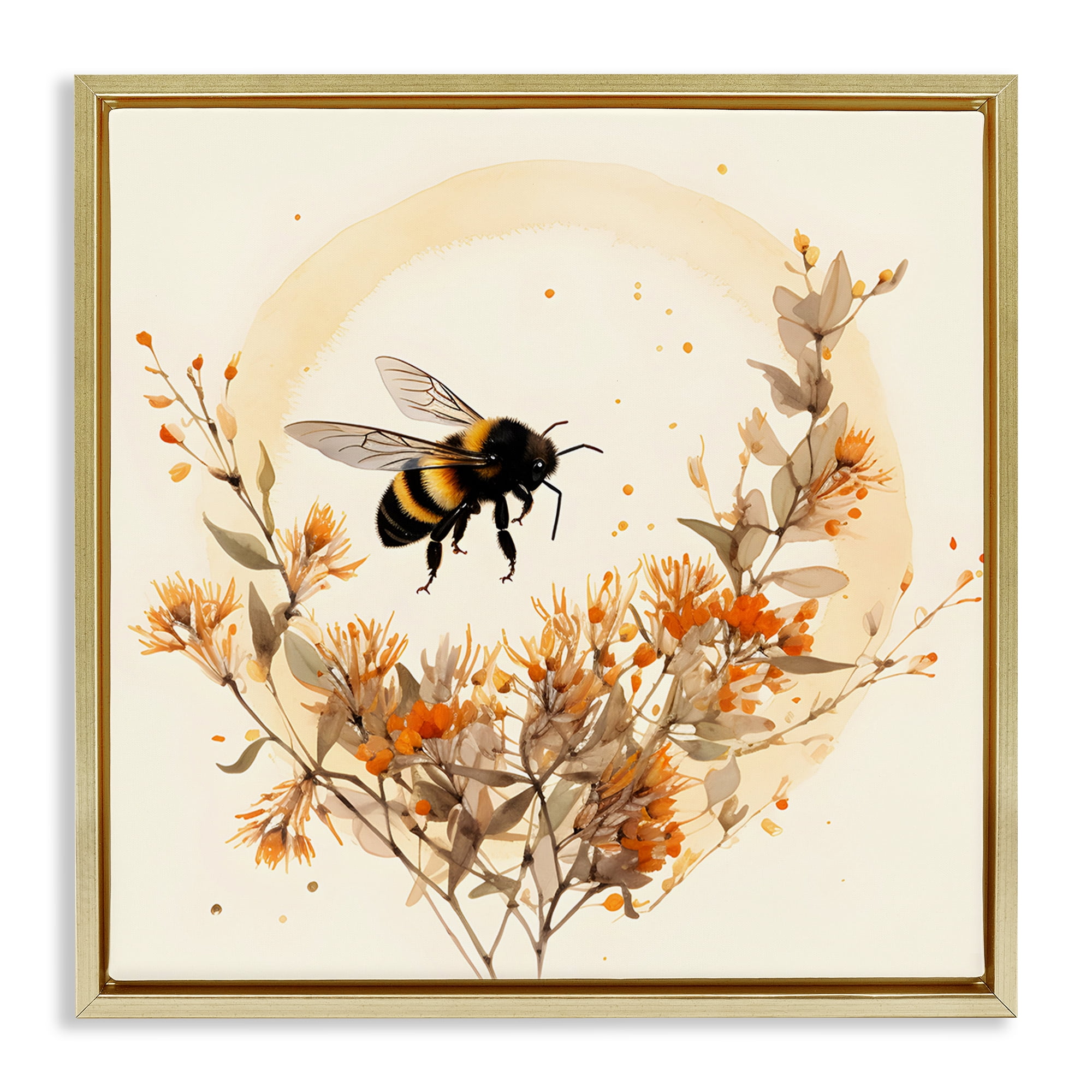 Stupell Industries Bee Florals View Animals & Insects Painting Gold Floater Framed Canvas Art Print Wall Art, 25 x 25