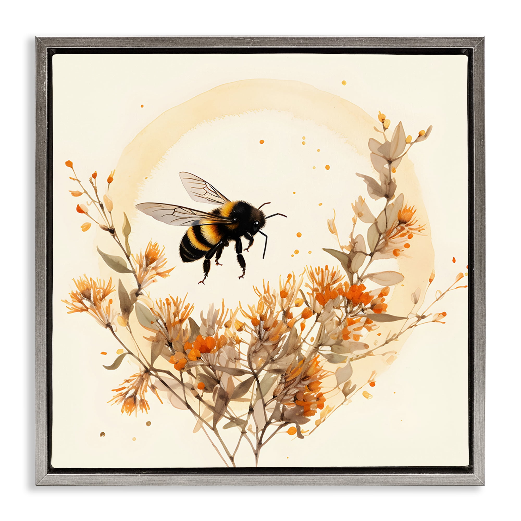 Stupell Industries Bee Florals View Animals & Insects Painting Gray Floater Framed Canvas Art Print Wall Art, 18 x 18