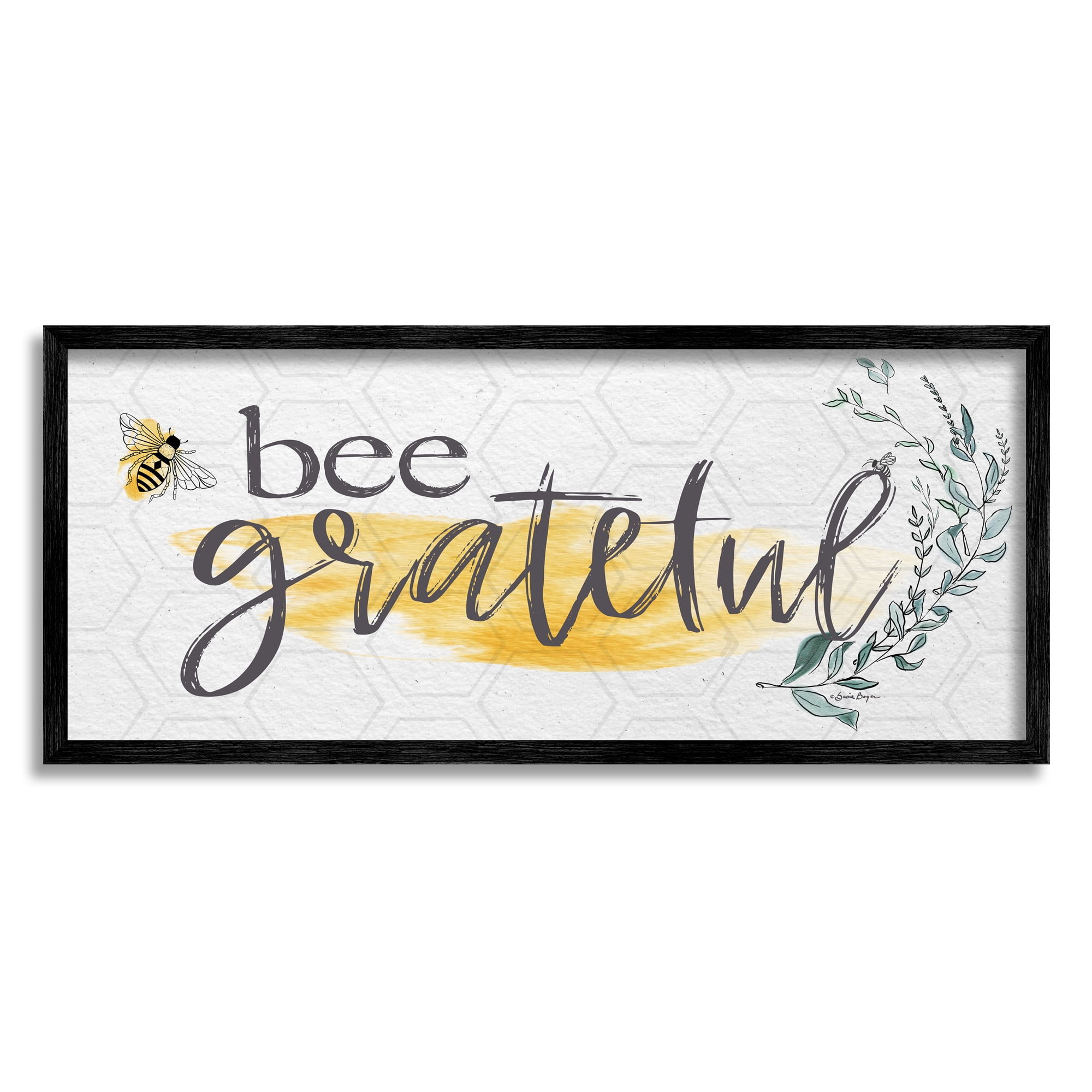 Stupell Industries Bee Grateful Herb Phrase Botanical & Floral Painting Black Framed Art Print Wall Art, 30 x 13
