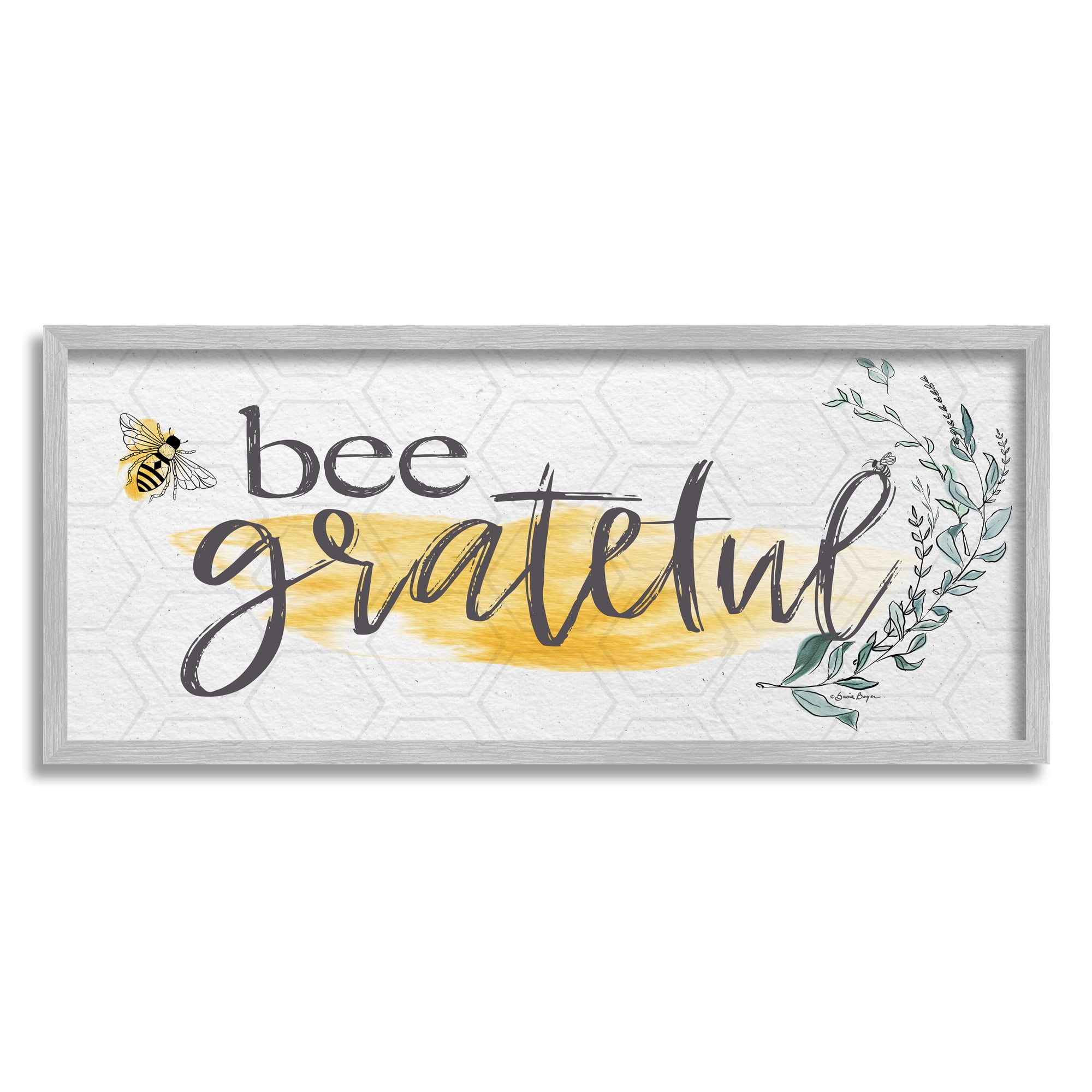 Stupell Industries Bee Grateful Herb Phrase Botanical & Floral Painting Gray Framed Art Print Wall Art, 30 x 13
