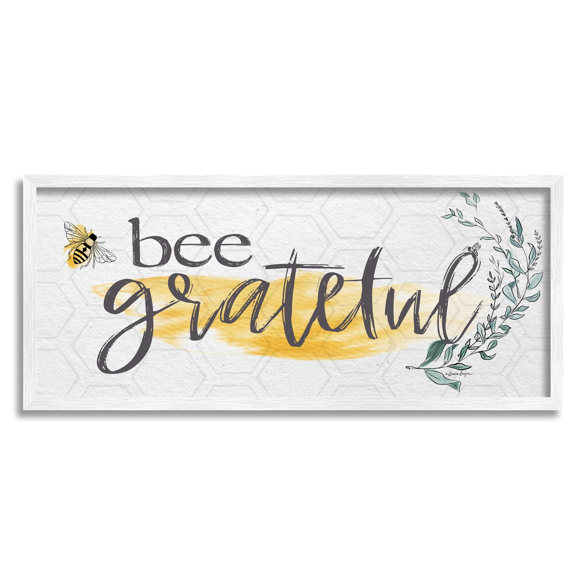 Stupell Industries Bee Grateful Herb Phrase Botanical & Floral Painting White Framed Art Print Wall Art, 24 x 10