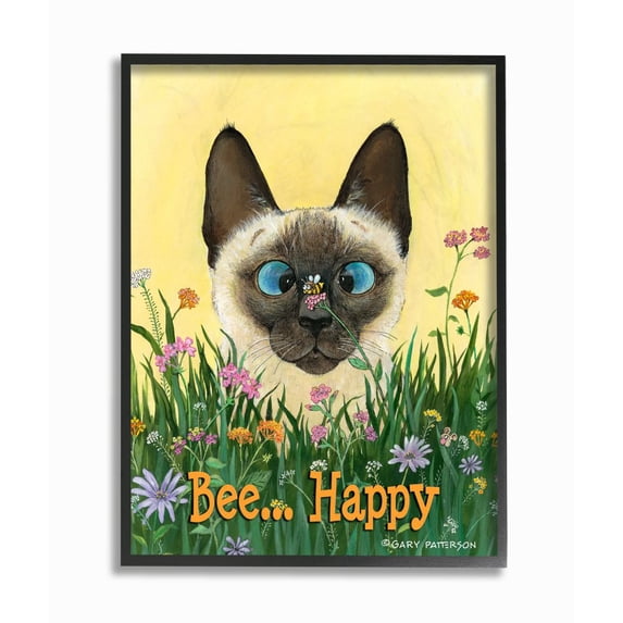 Stupell Industries Bee Happy Funny Cat Cartoon Pet Design Framed Wall Art by Gary Patterson