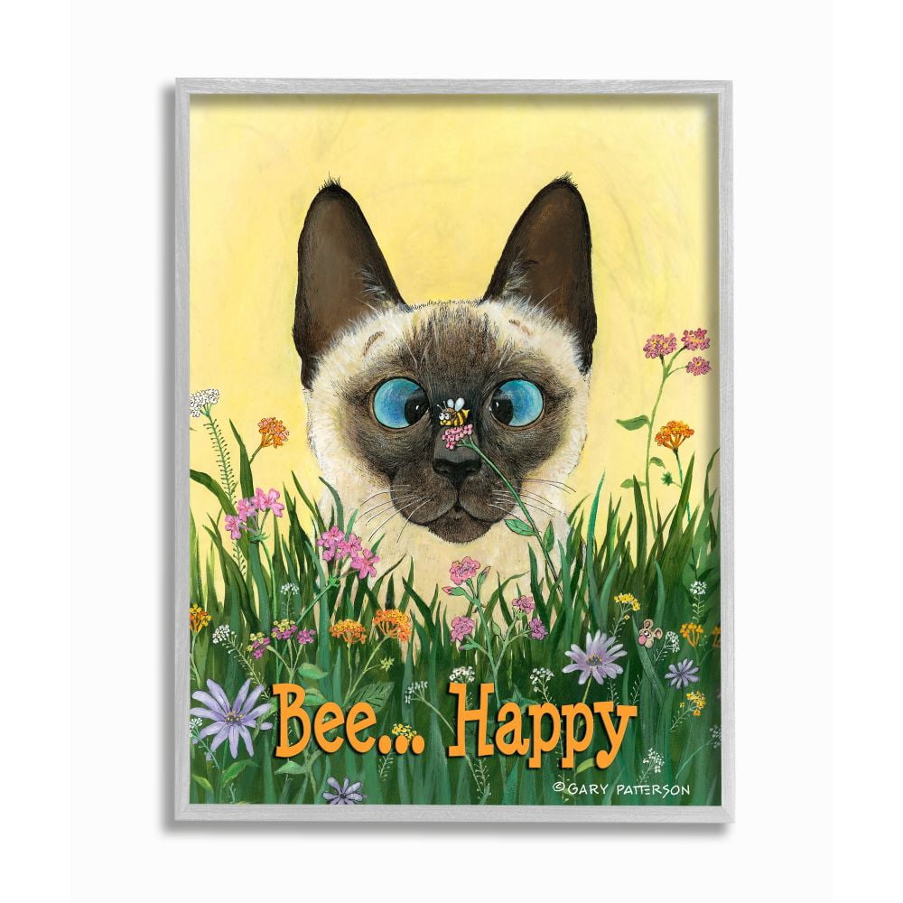 Stupell Industries Bee Happy Funny Cat Cartoon Pet Design Framed Wall Art by Gary Patterson