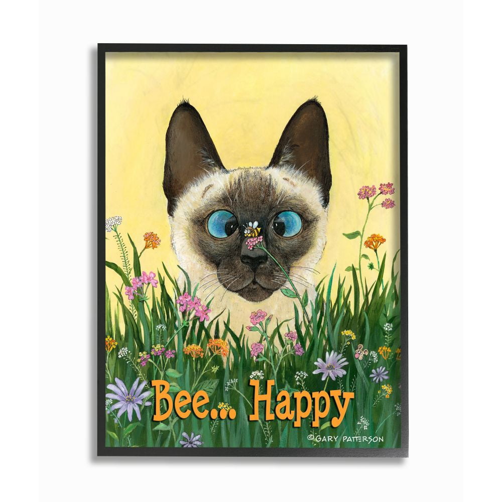 Stupell Industries Bee Happy Funny Cat Cartoon Pet Design Framed Wall Art by Gary Patterson