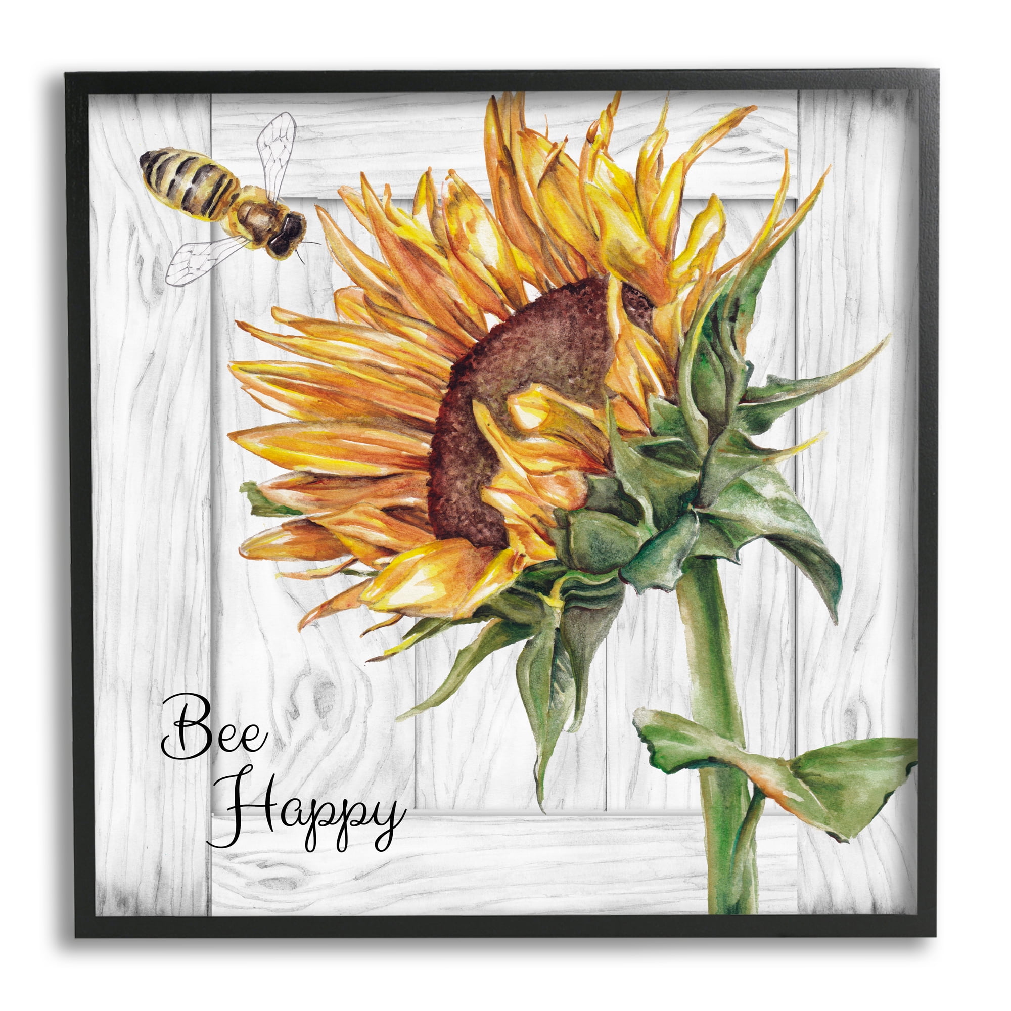 Stupell Industries Bee Happy Rustic Sunflower Botanical & Floral Painting Black Framed Art Print Wall Art, 12 x 12