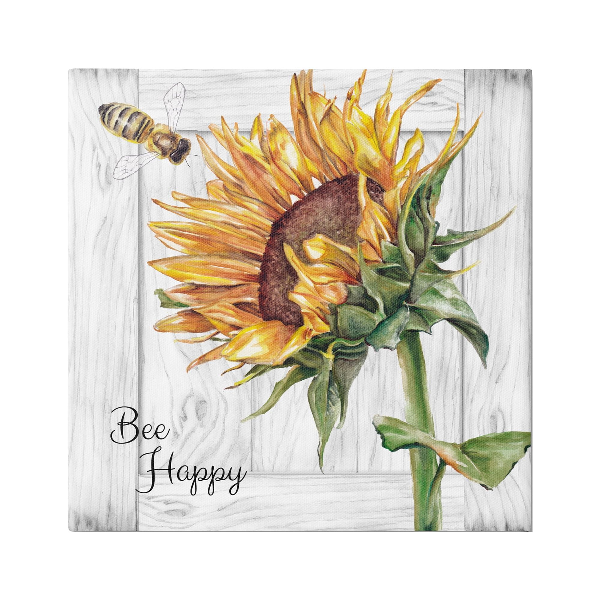 Stupell Industries Bee Happy Rustic Sunflower Botanical & Floral Painting Gallery Wrapped Canvas Art Print Wall Art, 36 x 36