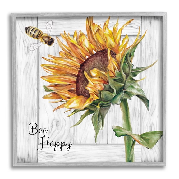 Stupell Industries Bee Happy Rustic Sunflower Botanical & Floral Painting Gray Framed Art Print Wall Art, 12 x 12