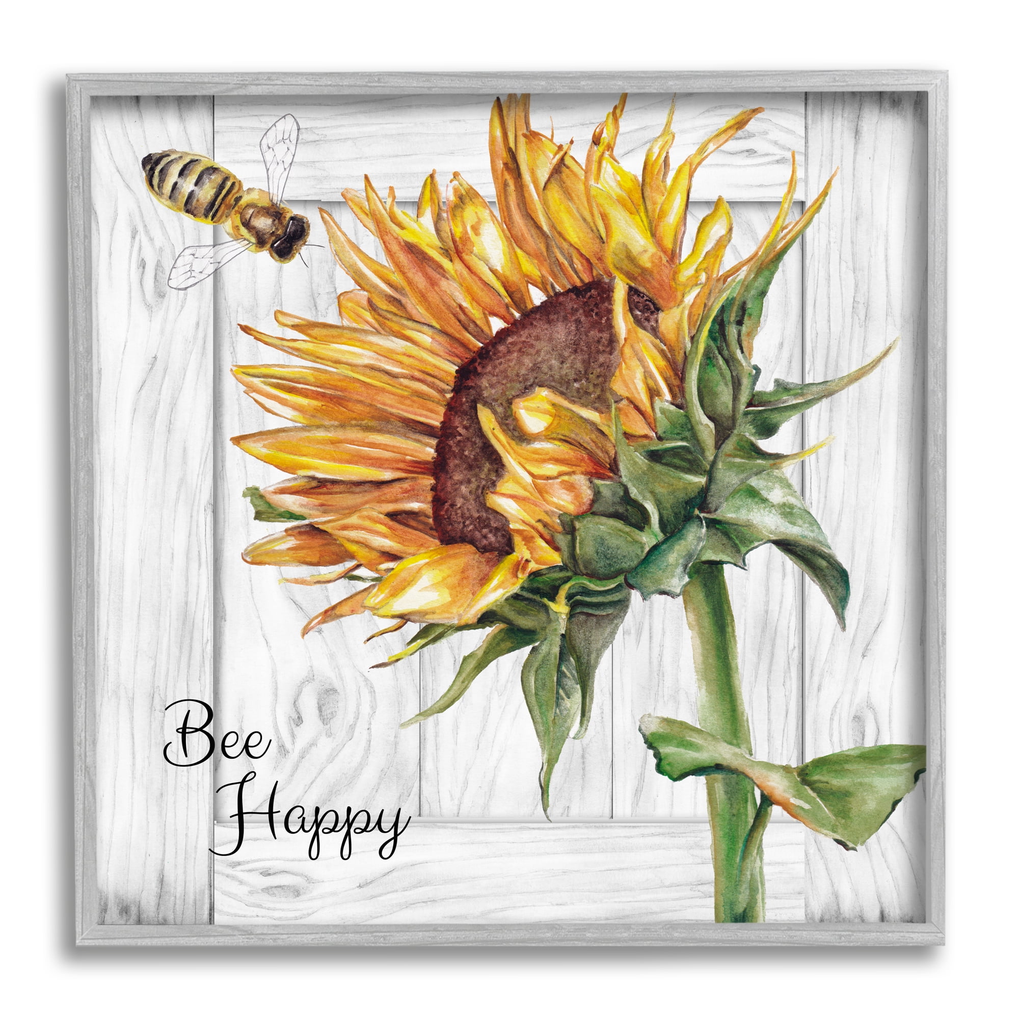 Stupell Industries Bee Happy Rustic Sunflower Botanical & Floral Painting Gray Framed Art Print Wall Art, 24 x 24