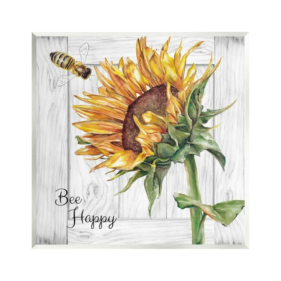 Stupell Industries Bee Happy Rustic Sunflower Botanical & Floral Painting Unframed Art Print Wall Art, 12 x 12