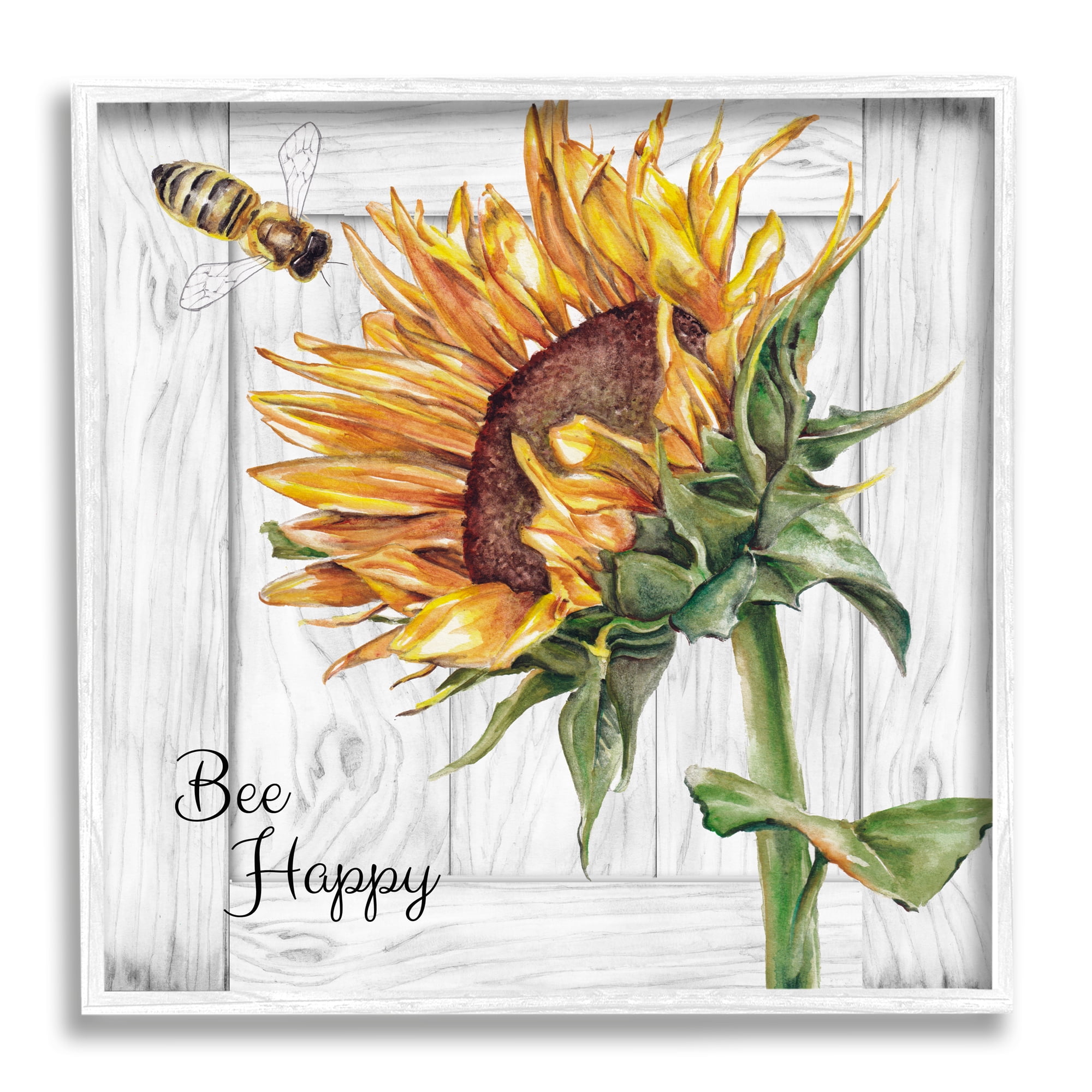 Stupell Industries Bee Happy Rustic Sunflower Botanical & Floral Painting White Framed Art Print Wall Art, 17 x 17