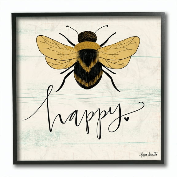 Stupell Industries Bee Happy Yellow Green Family Word Design Framed Wall Art by Katie Doucette