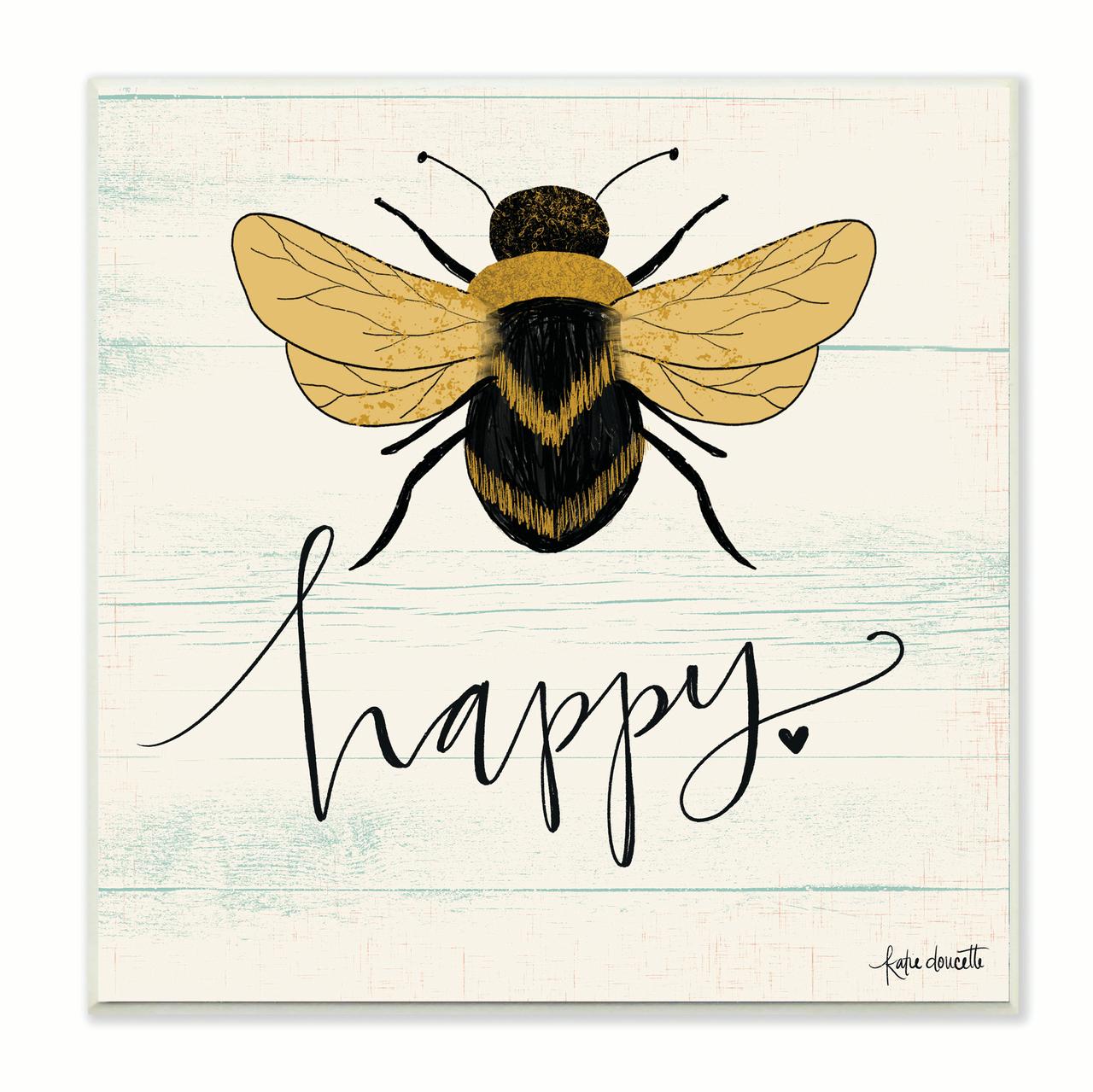 Stupell Industries Bee Happy Yellow Green Family Word Design Wood Plaque by Katie Doucette