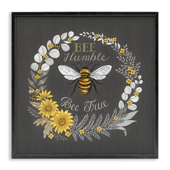 Stupell Industries Shabby Chic Bee Humble Be True Phrase Vintage Yellow Florals Black Framed Giclee Art, 12 x 12, by Deb Strain