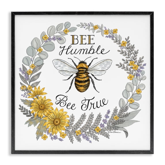 Stupell Industries Cottage Bee Humble & True Encouraging Insect Floral Border Black Framed Giclee Art, 12 x 12, by Deb Strain
