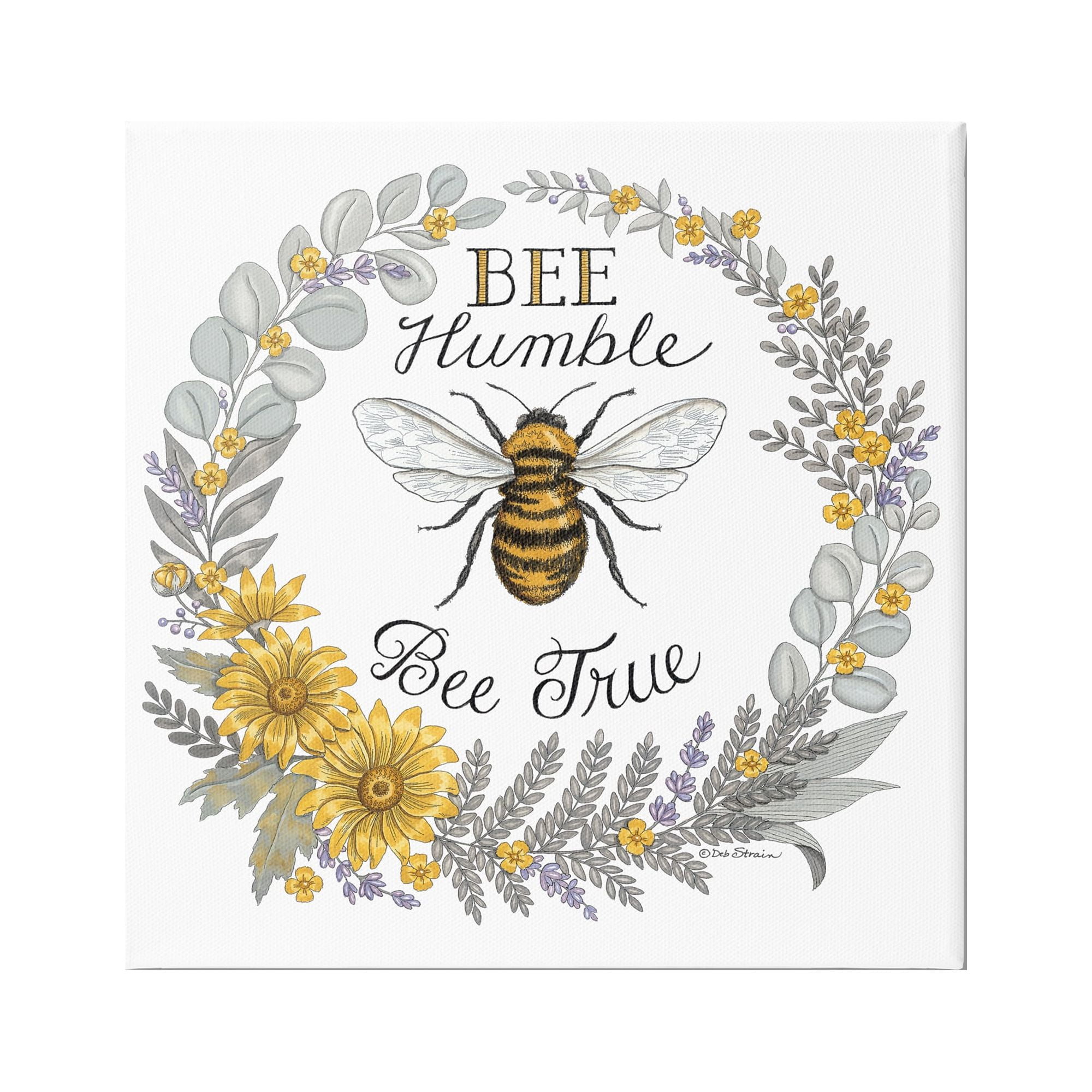 Stupell Industries Bee Humble & True Encouraging Insect Floral Border Graphic Art Gallery Wrapped Canvas Print Wall Art, Design by Deb Strain