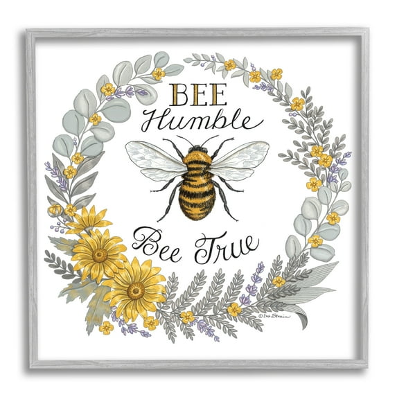 Stupell Industries Bee Humble & True Encouraging Insect Floral Border Graphic Art Gray Framed Art Print Wall Art, Design by Deb Strain