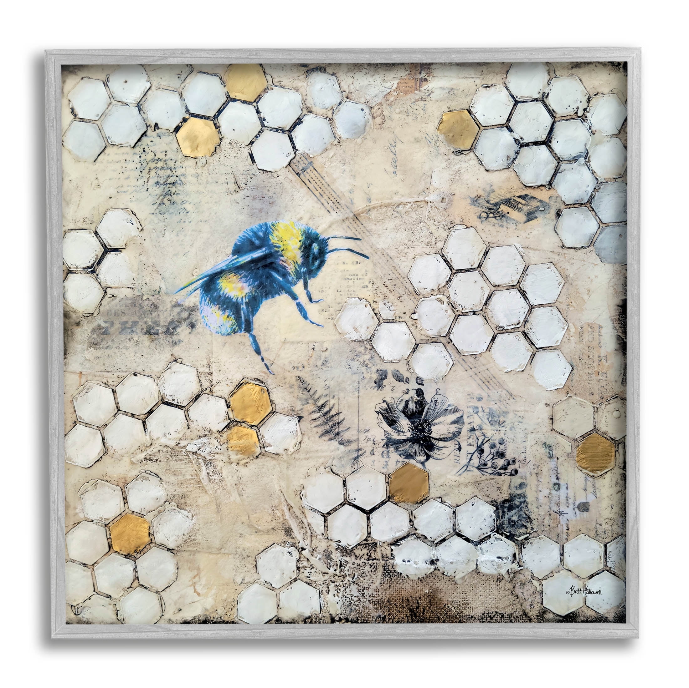 Stupell Industries Bee Insect Collaged Botanical Hive Graphic Art Gray Framed Art Print Wall Art, Design by Britt Hallowell