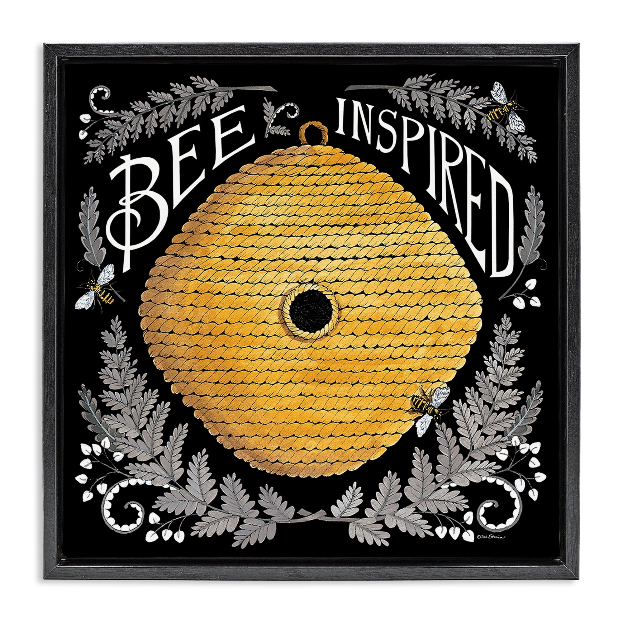 Stupell Industries Bee Inspired with Hive Plants & Flowers Painting Black Floater Framed Canvas Art Print Wall Art, 18 x 18