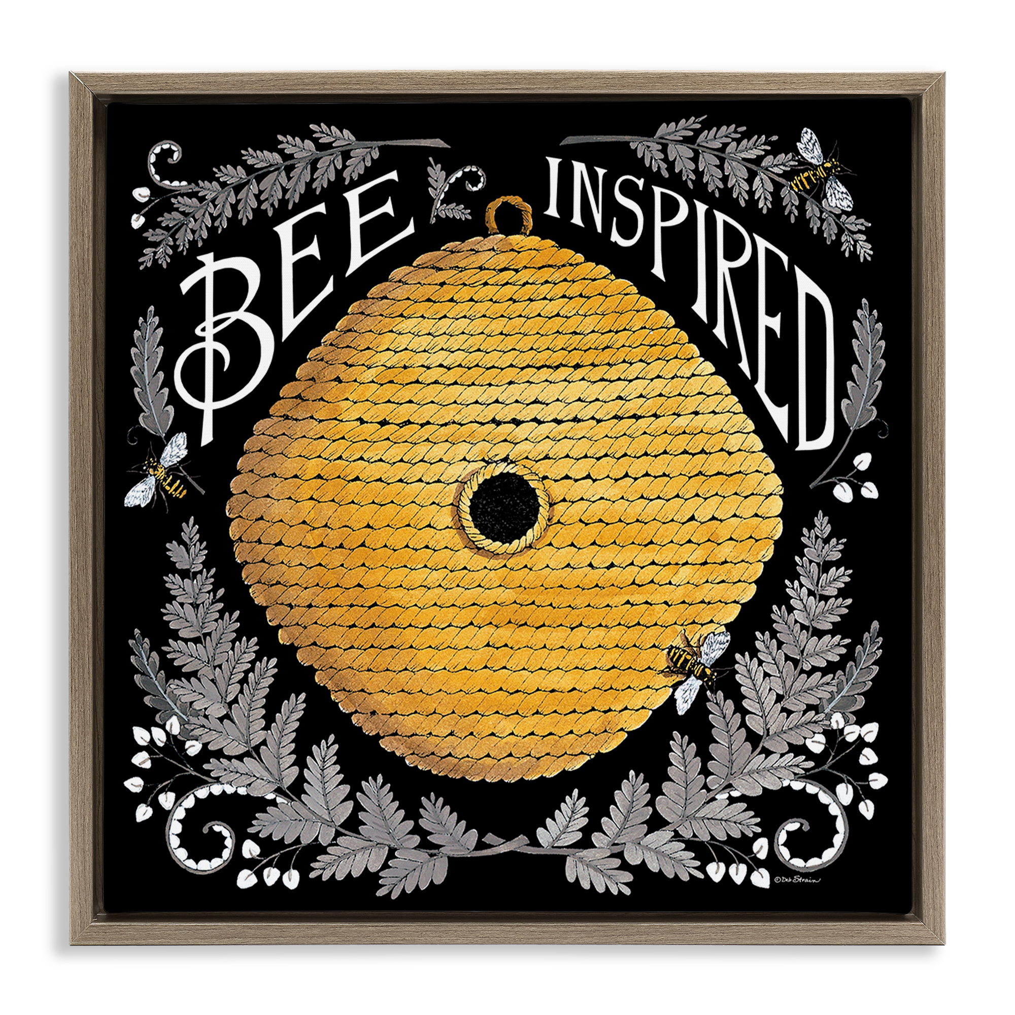 Stupell Industries Bee Inspired with Hive Plants & Flowers Painting Brown Floater Framed Canvas Art Print Wall Art, 18 x 18