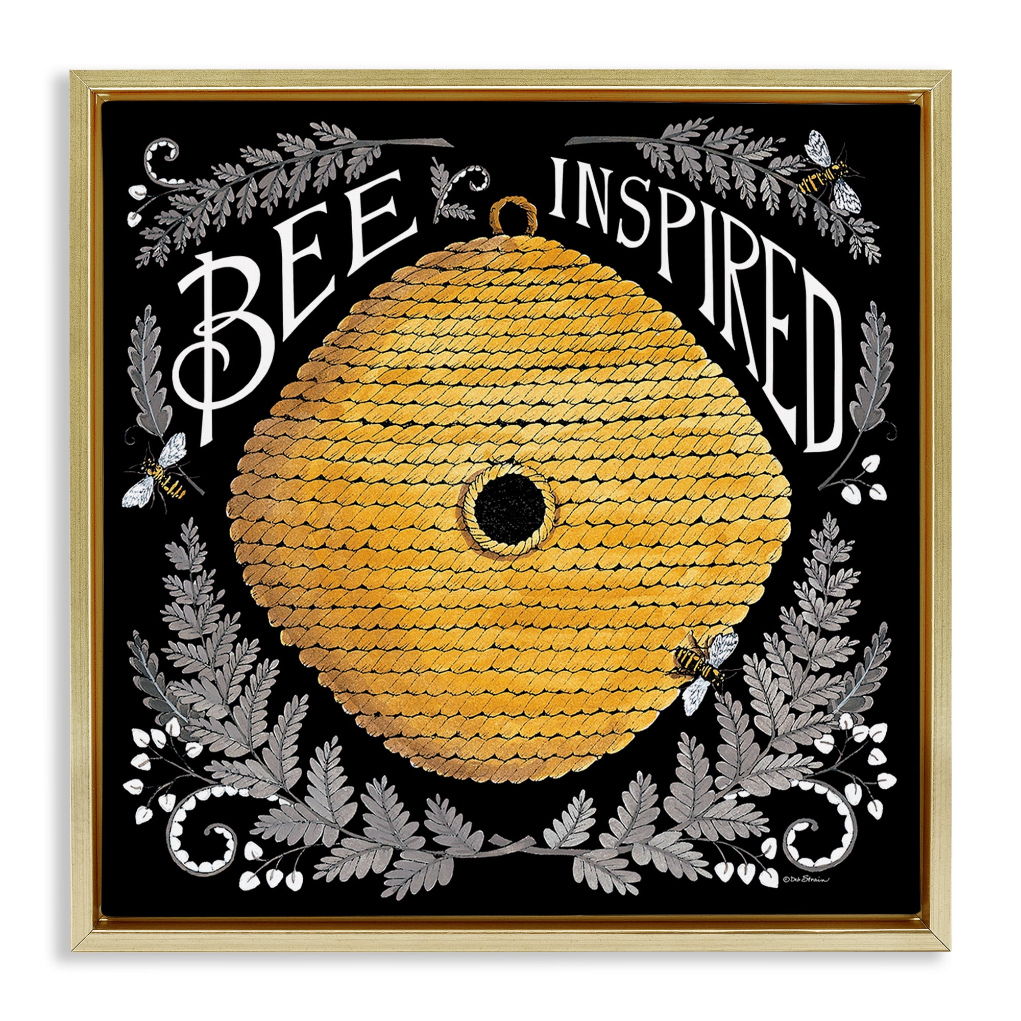 Stupell Industries Bee Inspired with Hive Plants & Flowers Painting Gold Floater Framed Canvas Art Print Wall Art, 18 x 18