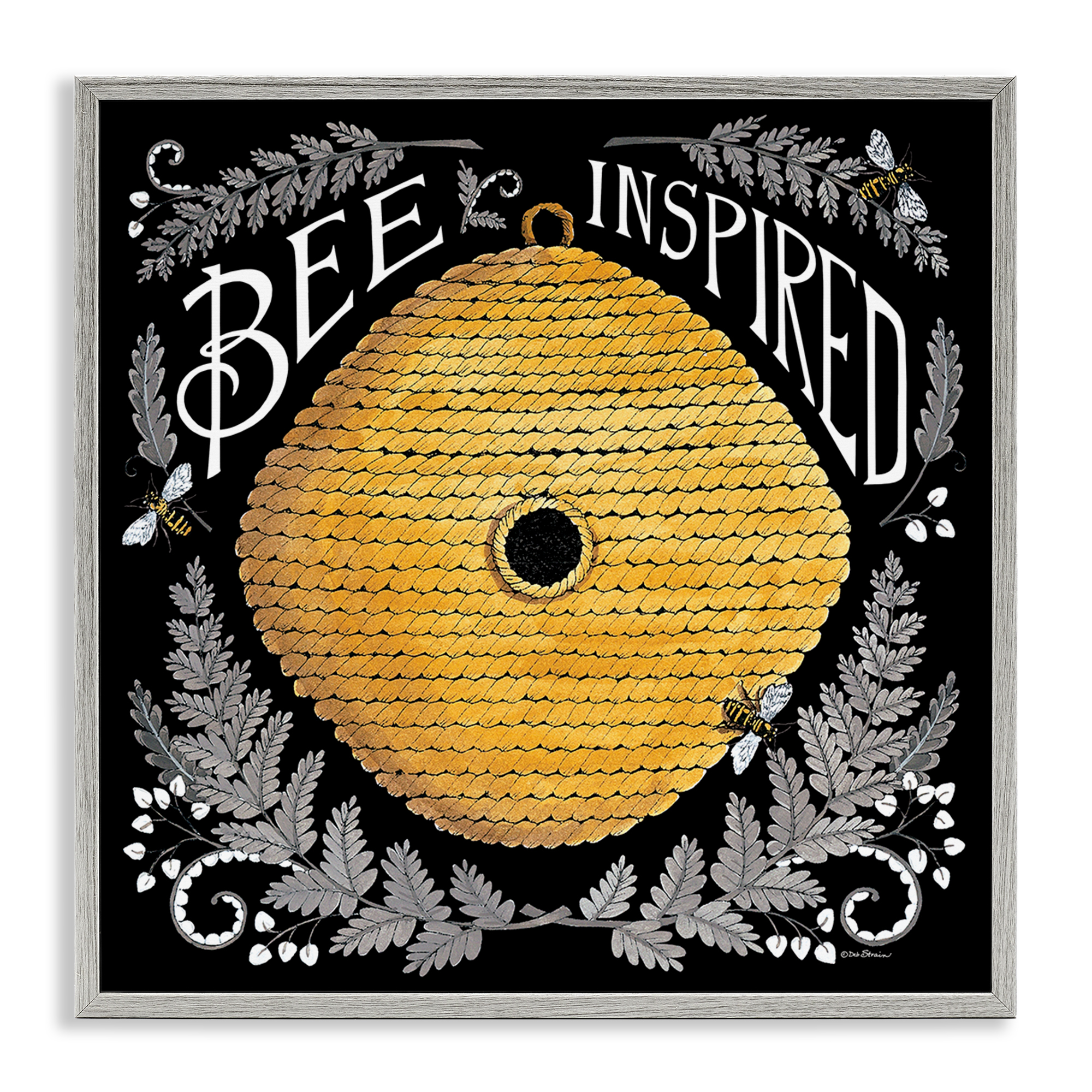 Stupell Industries Bee Inspired with Hive Plants & Flowers Painting Gray Framed Art Print Wall Art, 12 x 12