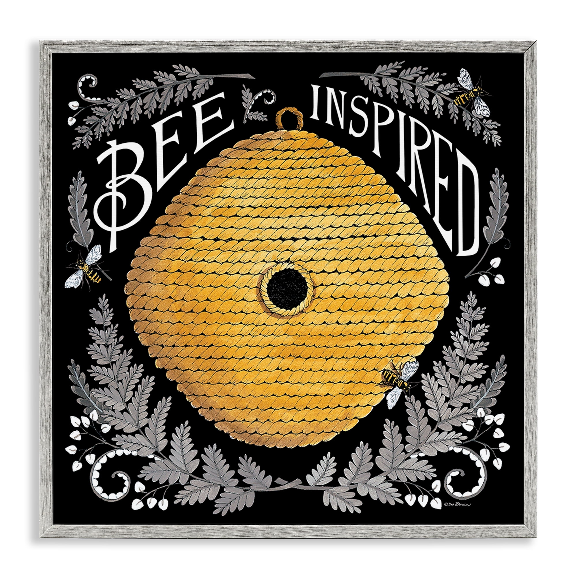 Stupell Industries Bee Inspired with Hive Plants & Flowers Painting Gray Framed Art Print Wall Art, 24 x 24