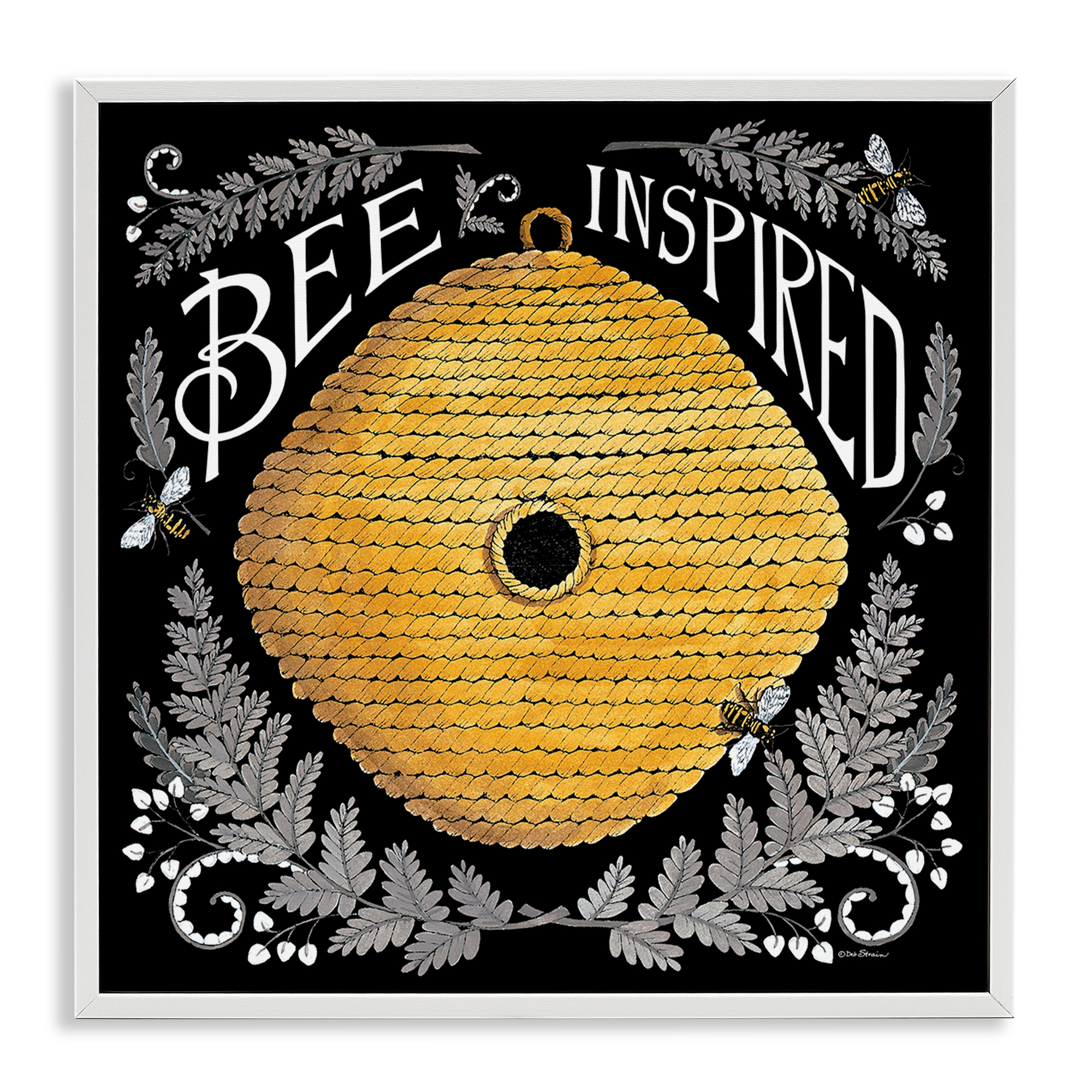 Stupell Industries Bee Inspired with Hive Plants & Flowers Painting White Framed Art Print Wall Art, 12 x 12