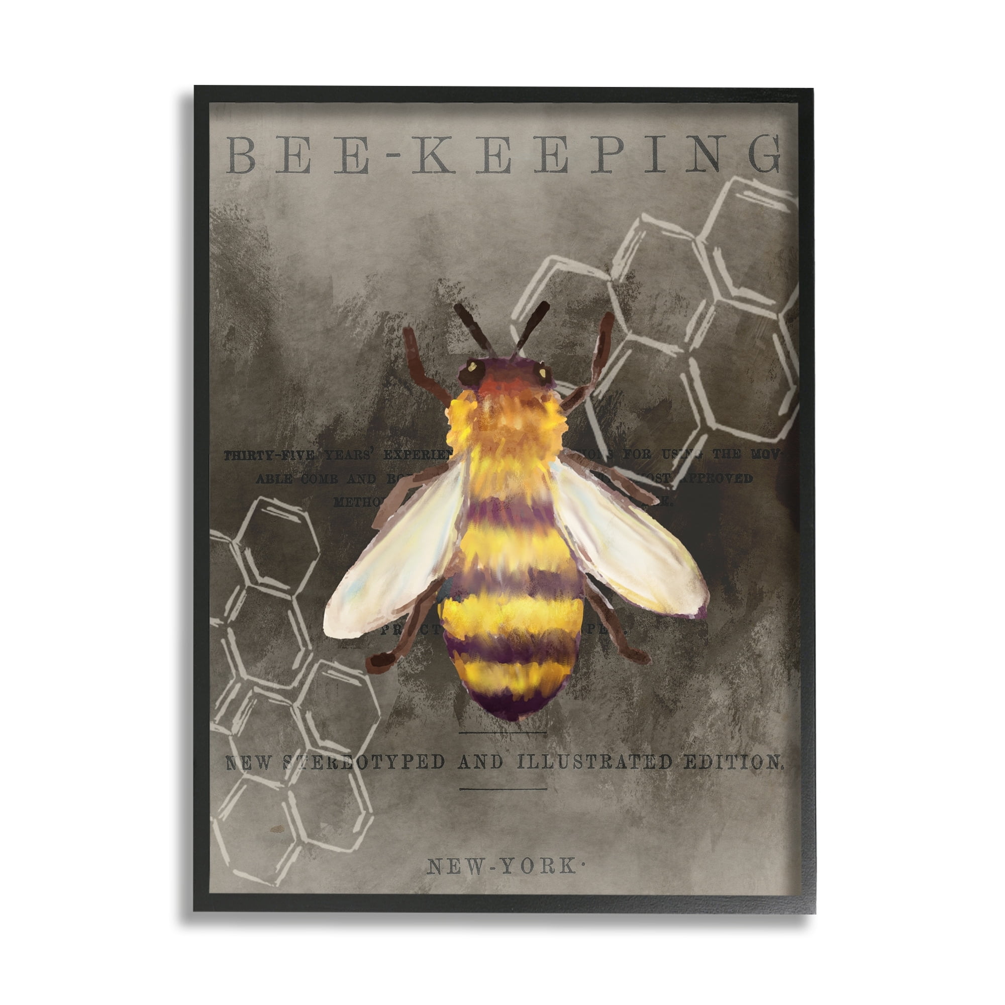 Stupell Industries Bee-Keeping Vintage New York Illustration Honey Comb Pattern Graphic Art Black Framed Art Print Wall Art, 24x30, by Kim Allen